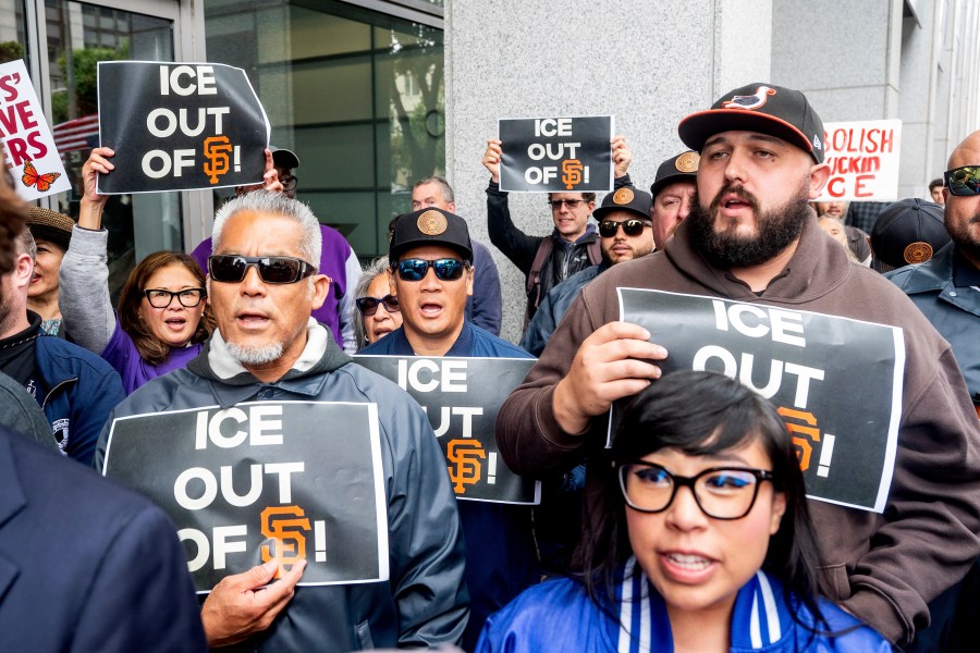 Union workers rally for David Huerta, the president of Service Employees International Union California, who was arrested during a Los Angeles protest, on Monday, June 9, 2025, in San Francisco. (AP Photo/Noah Berger)