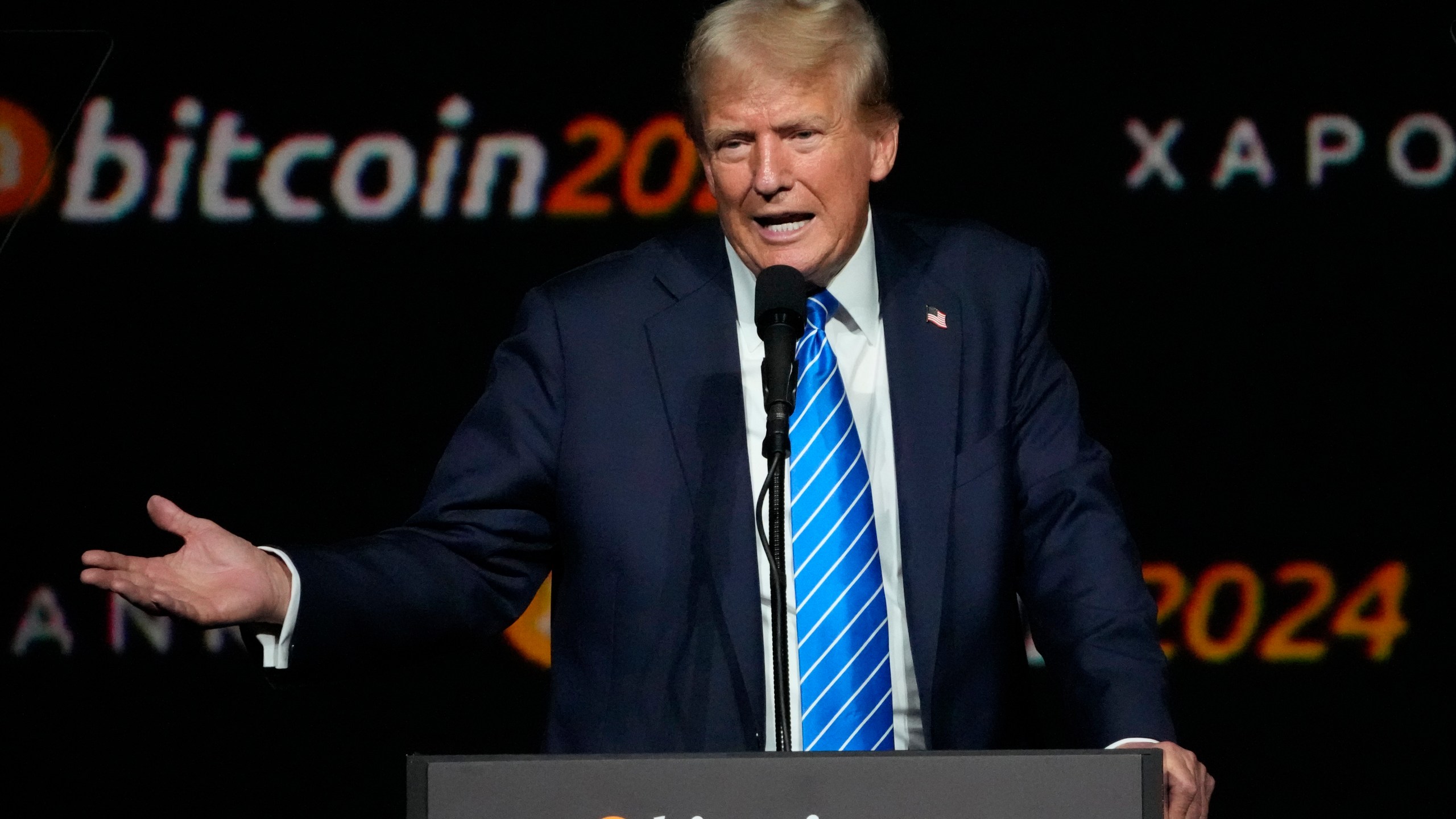 FILE - Donald Trump speaks at the Bitcoin 2024 Conference July 27, 2024, in Nashville, Tenn. (AP Photo/Mark Humphrey, File)