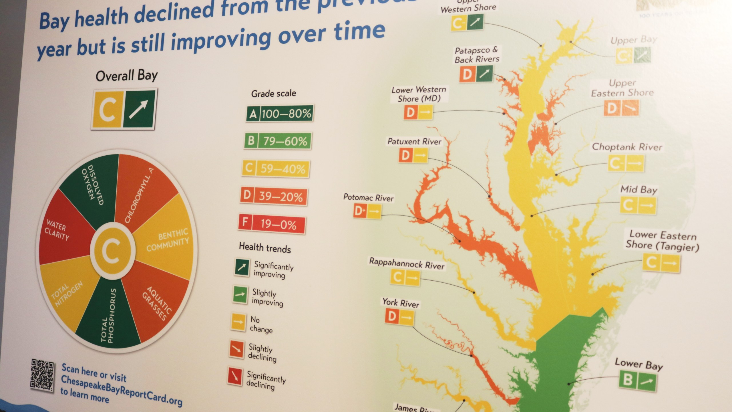 A poster shows some highlights of an annual report on the health of the Chesapeake Bay by the University of Maryland Center for Environmental Science, which released its annual report card on Tuesday, June 10, 2025 in Annapolis, Md. (AP Photo/Brian Witte)