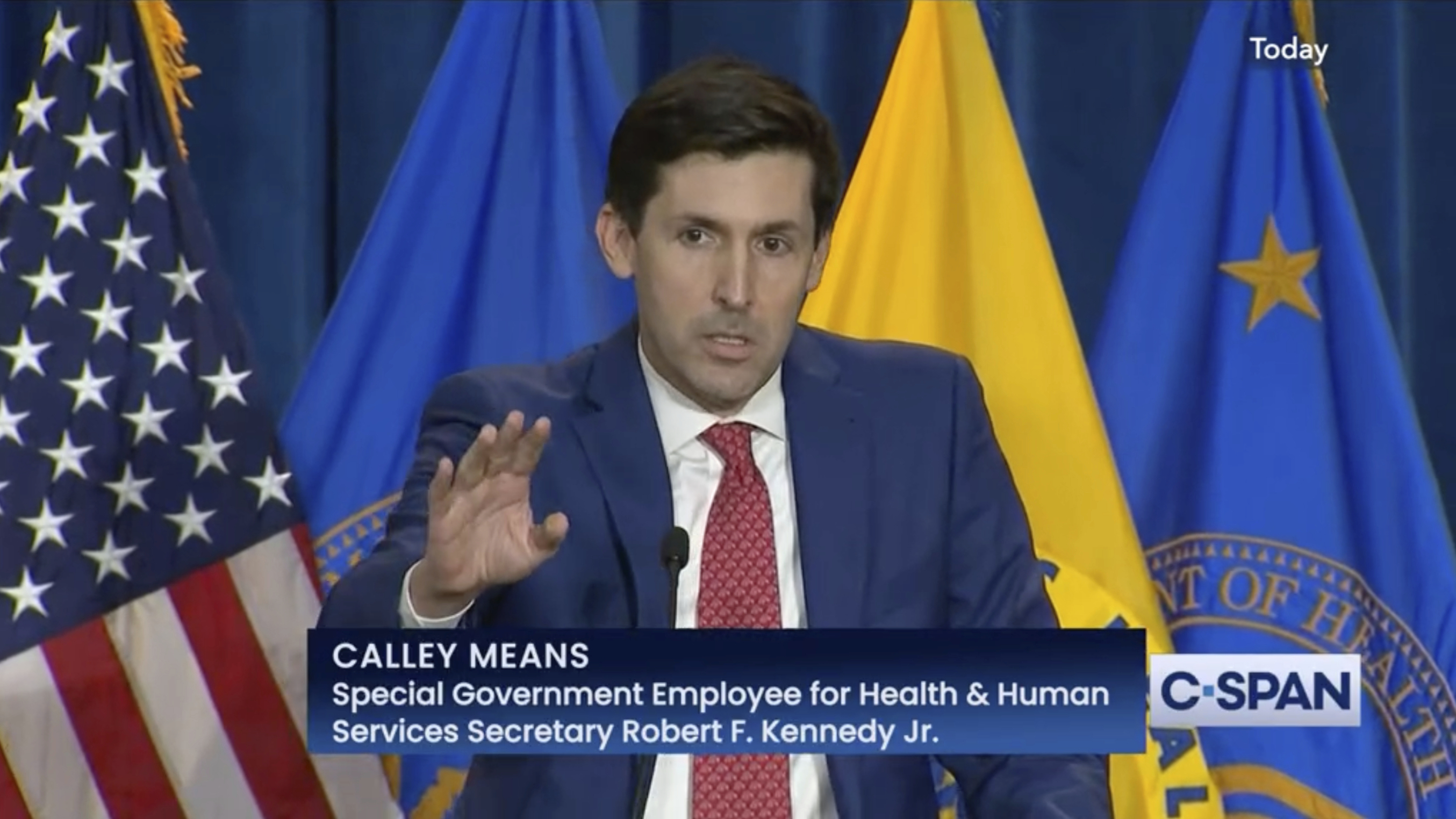 In this image from video provided by C-SPAN, Calley Means, a key adviser to Health and Human Services Secretary Robert F. Kennedy Jr., speaks during a news conference where the HHS and FDA announced plans to ban petroleum-based food dyes, in Washington, on April 22, 2025. (C-SPAN via AP)