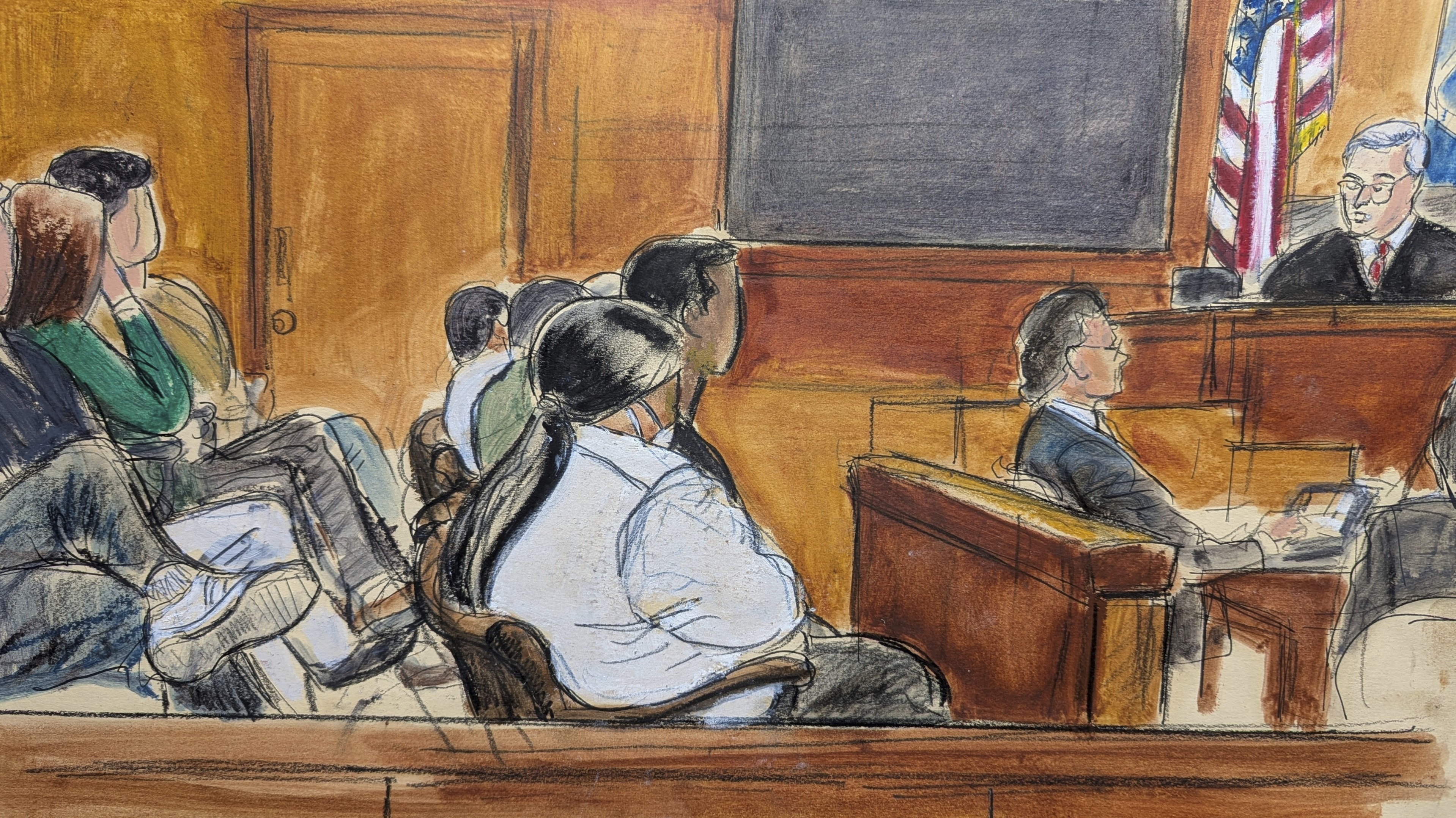 Judge Curtis Farber, right, reads the instructions regarding reaching a unanimous verdict to the jury, Monday, June 9, 2025, at Manhattan criminal court in New York. (Elizabeth Williams via AP)