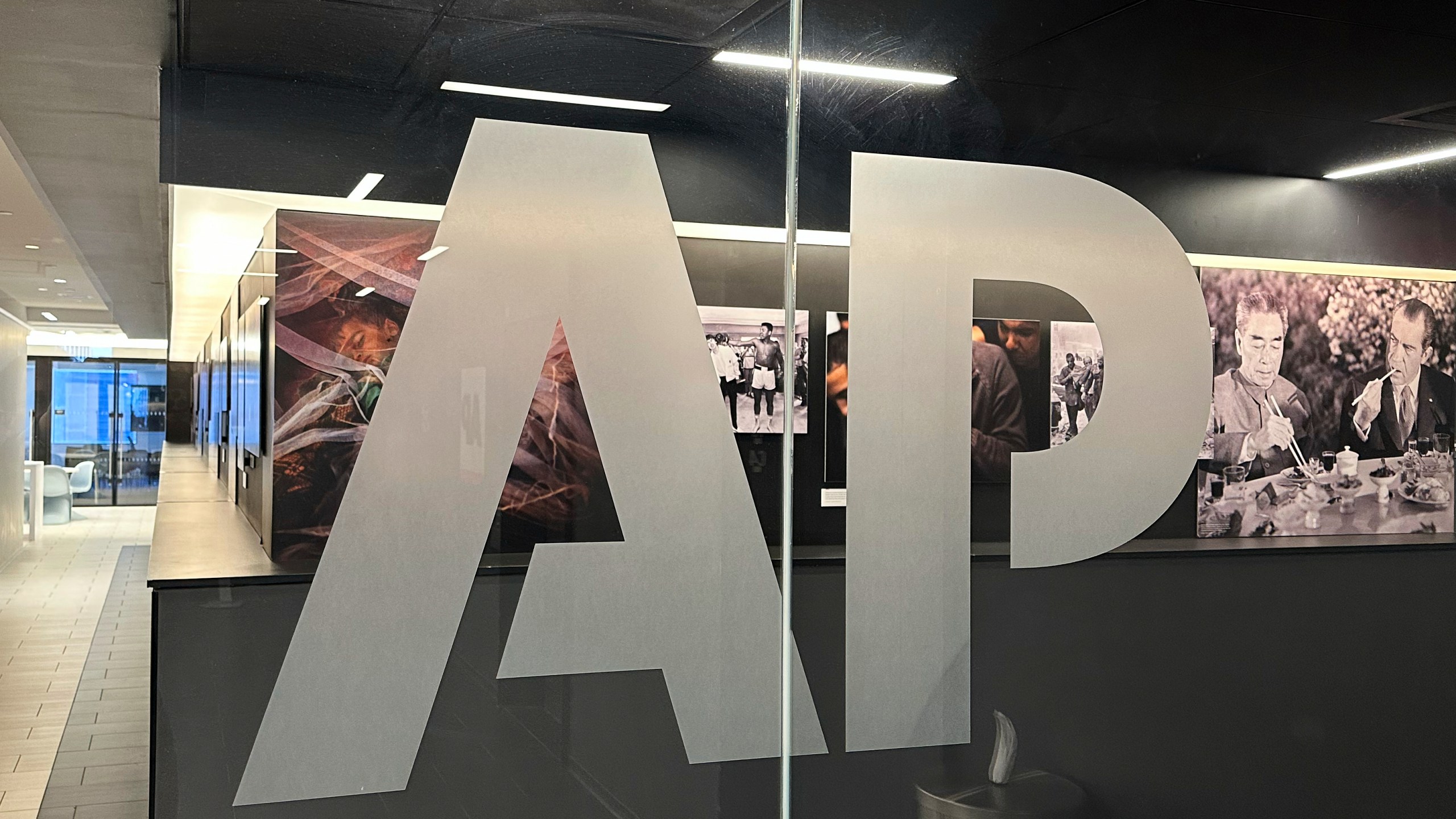 FILE - The Associated Press logo is displayed at the news organization's world headquarters in New York on April 9, 2025. (AP Photo/Aaron Jackson, File)