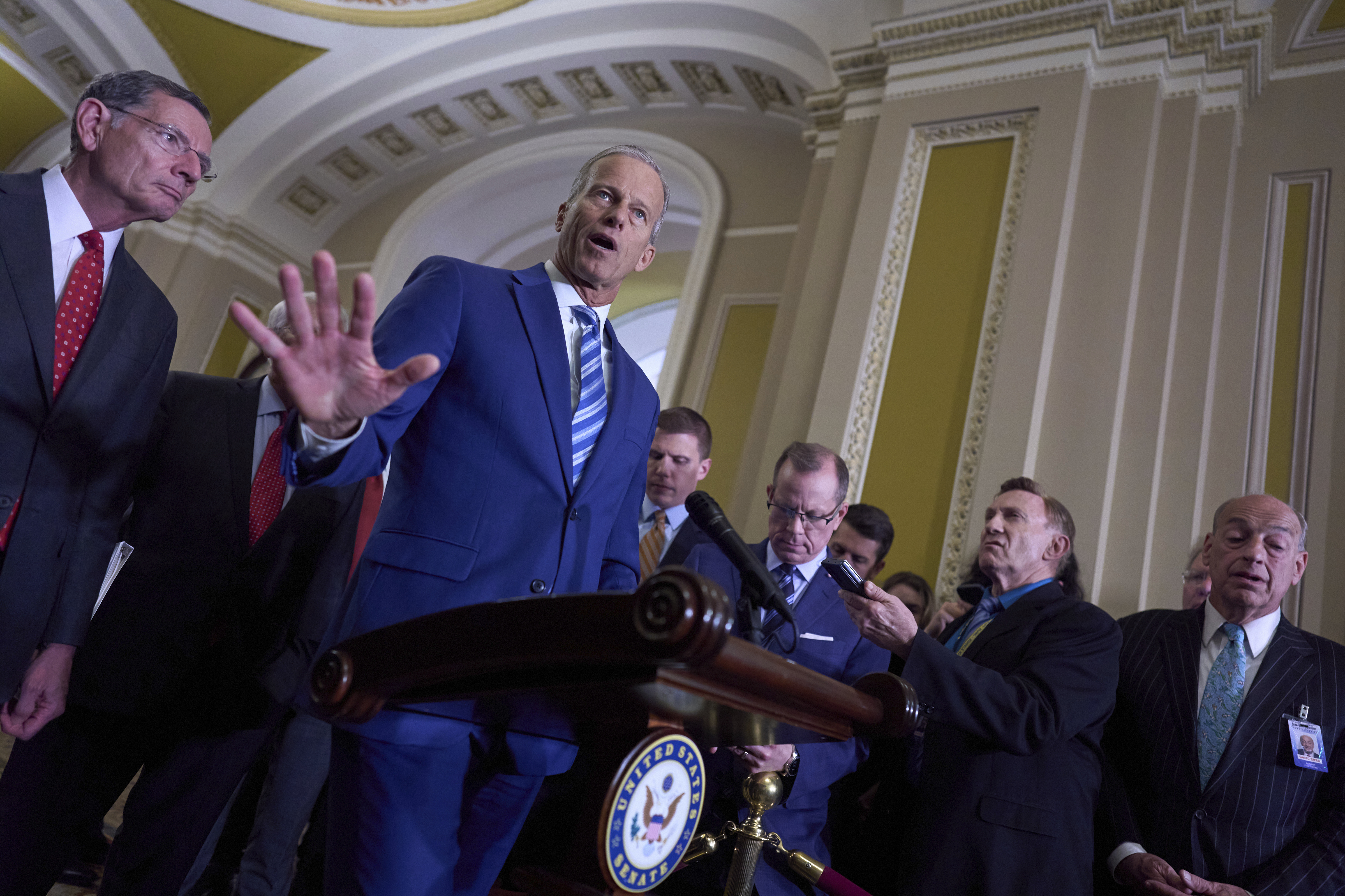 Senate Majority Leader John Thune, R-S.D., joined at left by Sen. John Barrasso, R-Wyo., the GOP whip, meets with reporters at the Capitol in Washington, Tuesday, June 10, 2025. (AP Photo/J. Scott Applewhite)