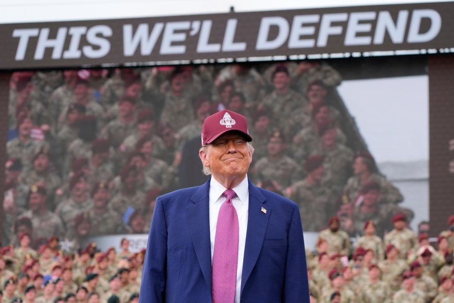 President Donald Trump arrives to speak at Fort Bragg, Tuesday, June 10, 2025, in Fort Bragg, N.C. (AP Photo/Alex Brandon)