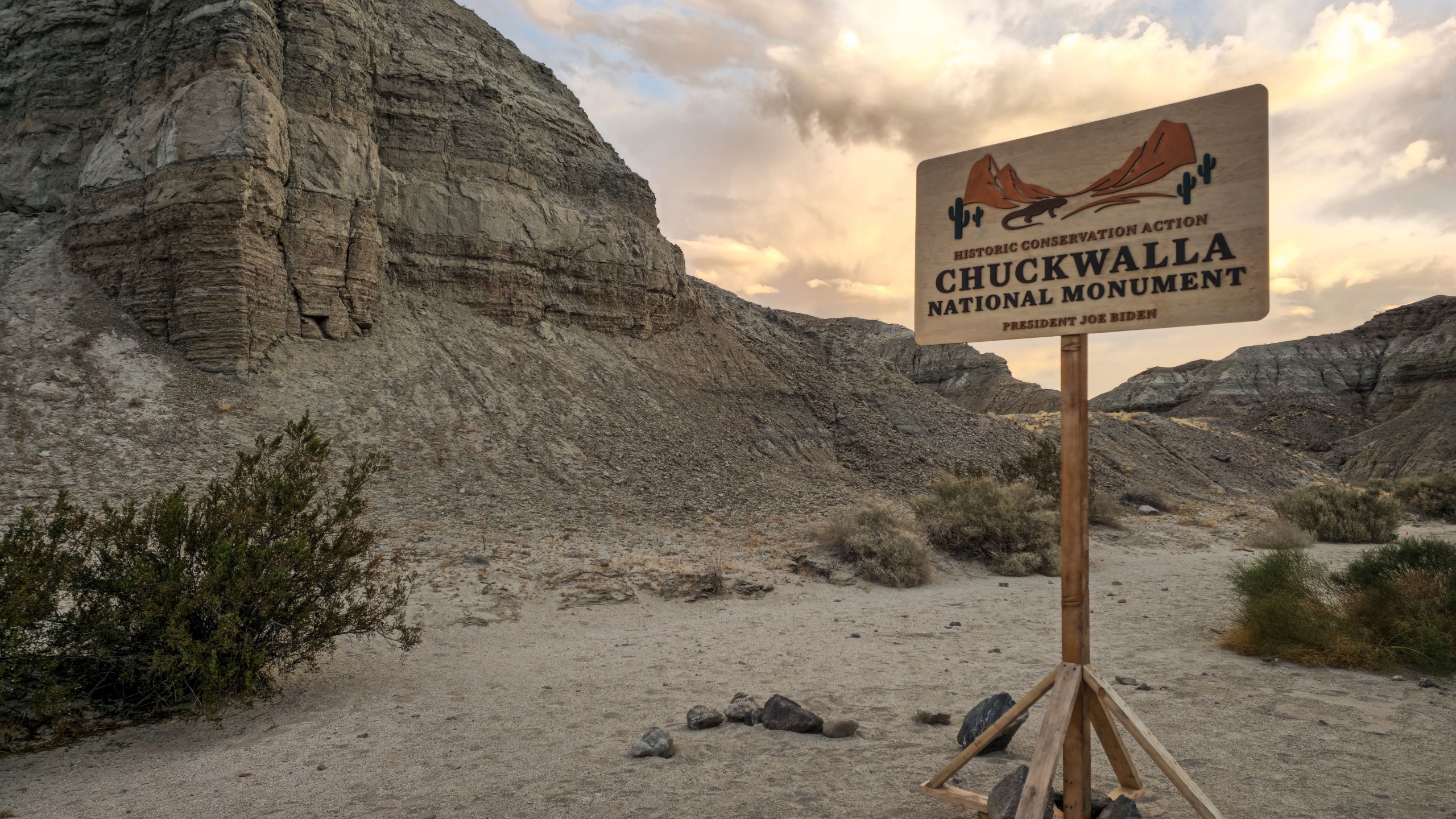 FILE - A sign is set up ahead of President Joe Biden's visit to the Chuckwalla National Monument, Jan. 7, 2025, to the Coachella Valley, Calif. (AP Photo/Damian Dovarganes, File)