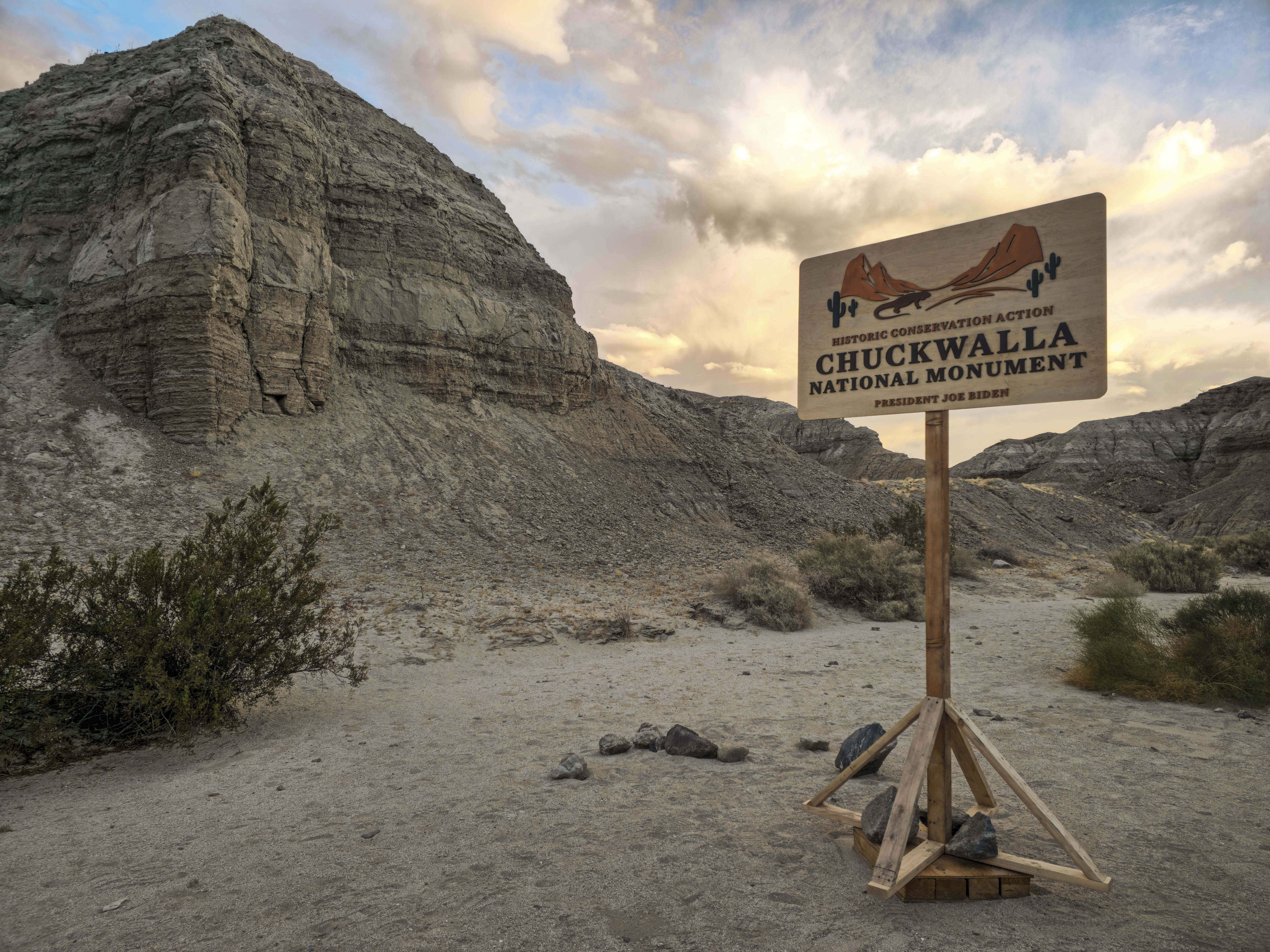 FILE - A sign is set up ahead of President Joe Biden's visit to the Chuckwalla National Monument, Jan. 7, 2025, to the Coachella Valley, Calif. (AP Photo/Damian Dovarganes, File)