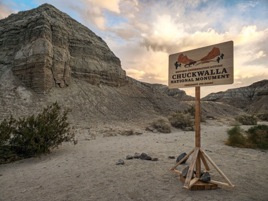 FILE - A sign is set up ahead of President Joe Biden's visit to the Chuckwalla National Monument, Jan. 7, 2025, to the Coachella Valley, Calif. (AP Photo/Damian Dovarganes, File)