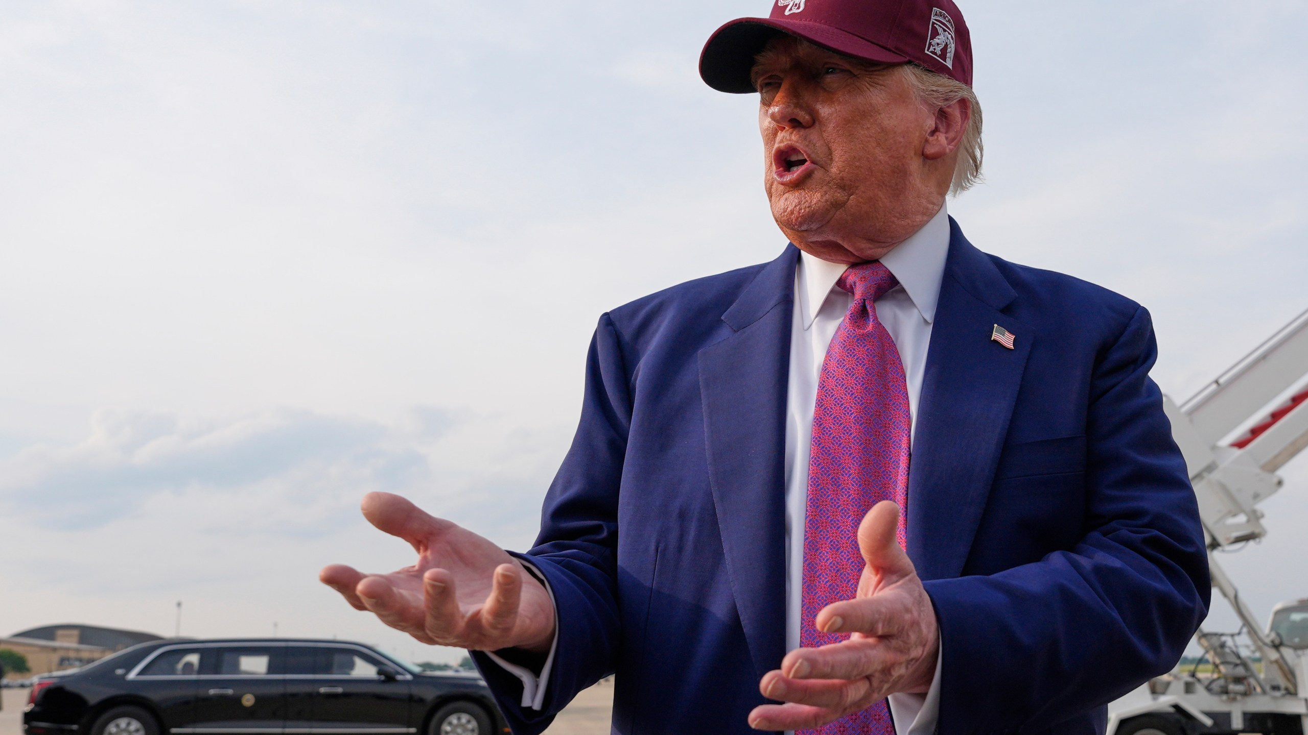 President Donald Trump speaks to reporters after arriving on Air Force One, Tuesday, June 10, 2025, at Joint Base Andrews, Md. (AP Photo/Alex Brandon)
