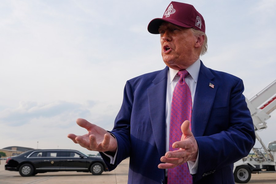 President Donald Trump speaks to reporters after arriving on Air Force One, Tuesday, June 10, 2025, at Joint Base Andrews, Md. (AP Photo/Alex Brandon)