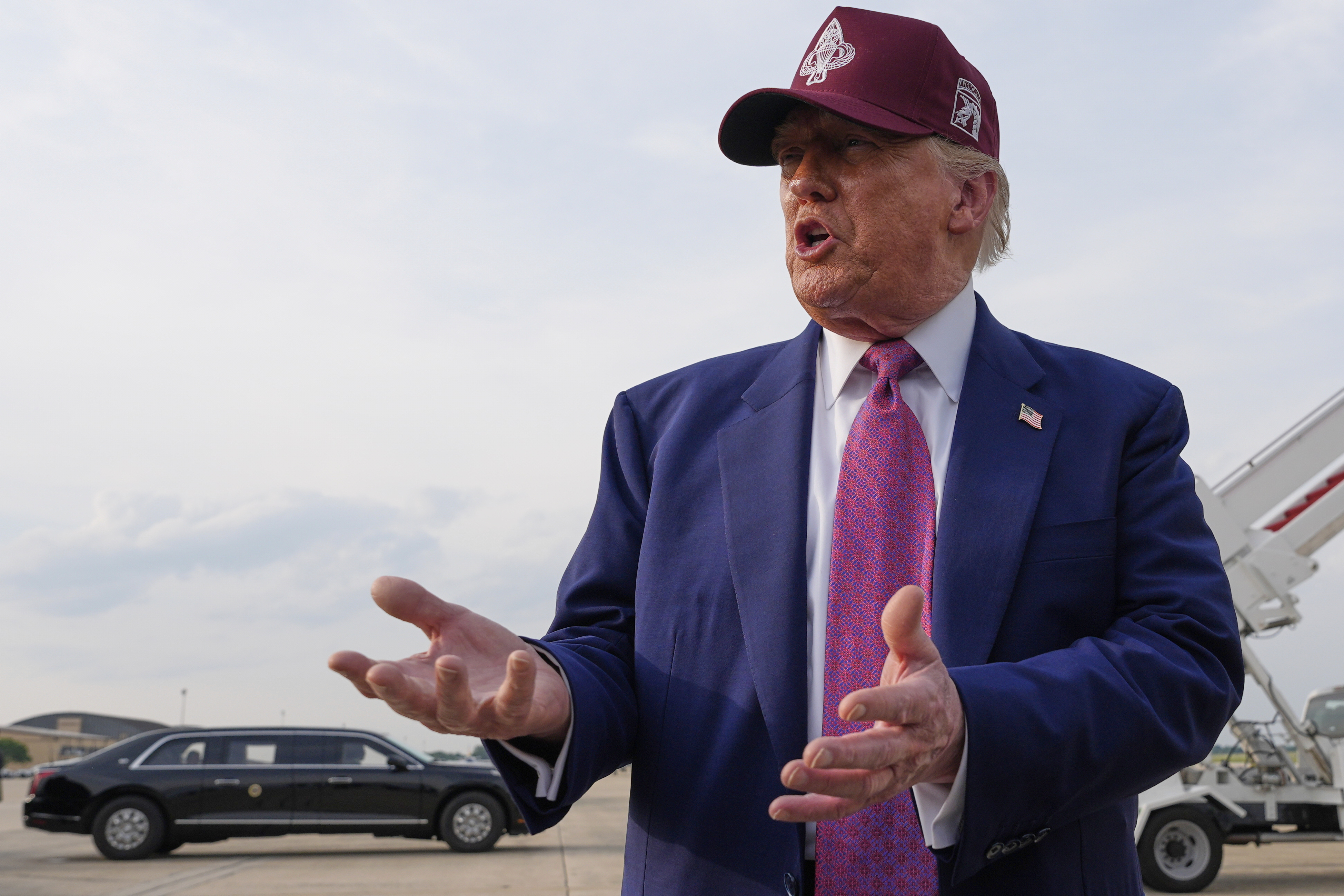 President Donald Trump speaks to reporters after arriving on Air Force One, Tuesday, June 10, 2025, at Joint Base Andrews, Md. (AP Photo/Alex Brandon)