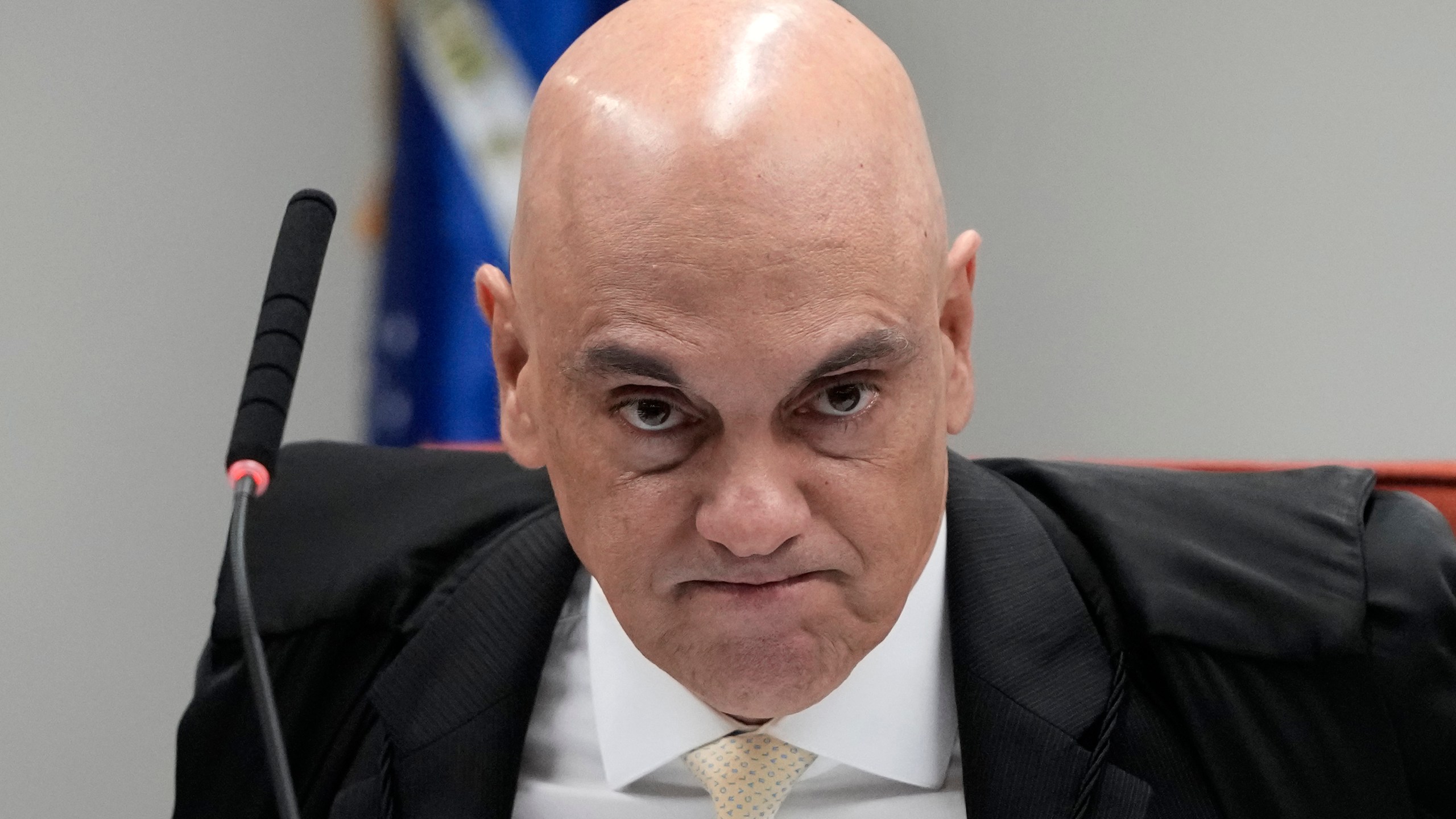 Brazilian Supreme Court Judge Alexandre de Moraes holds a trial for those charged in an alleged coup plot to keep former President Jair Bolsonaro in office after his 2022 election defeat, in Brasilia, Brazil, Tuesday, June 10, 2025. (AP Photo/Eraldo Peres)