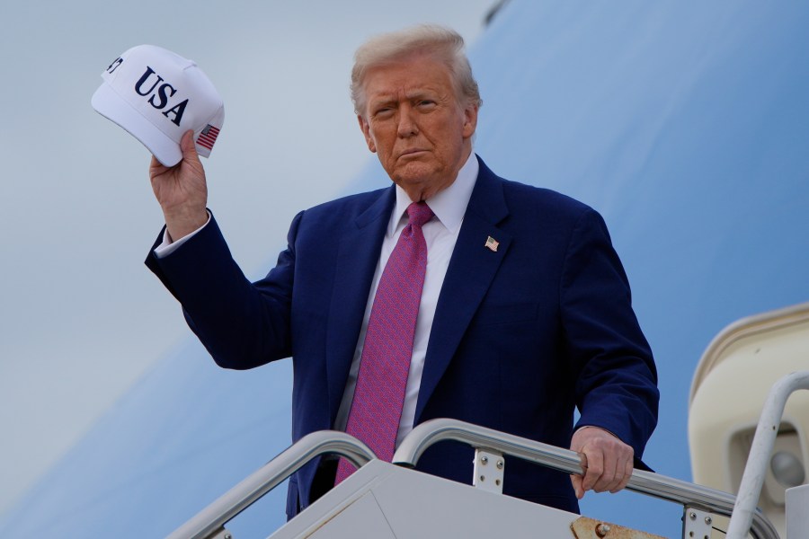 President Donald Trump arrives on Air Force One at Pope Army Airfield at Fort Bragg, Tuesday, June 10, 2025, in Fort Bragg, N.C. (AP Photo/Alex Brandon)