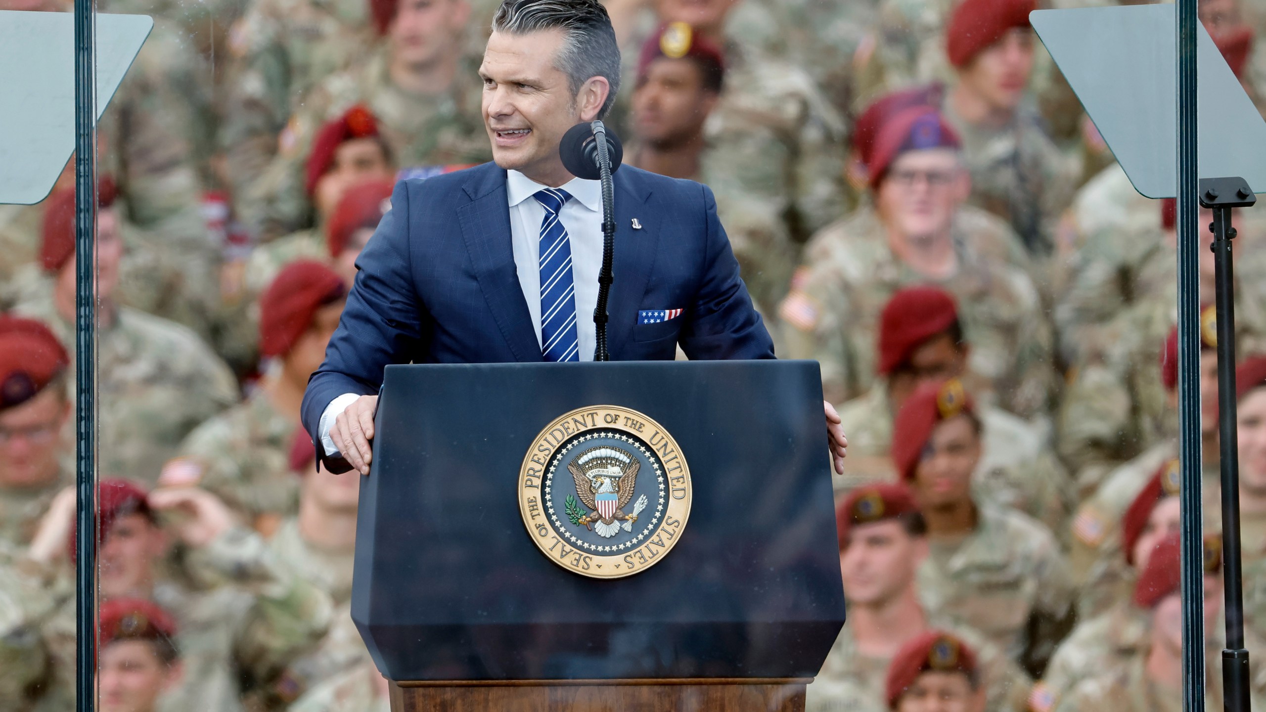 U.S Secretary of Defense Pete Hegseth speaks at Fort Bragg, N.C., Tuesday, June 10, 2025. (AP Photo/Karl DeBlaker)