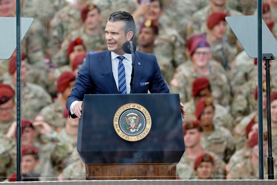 U.S Secretary of Defense Pete Hegseth speaks at Fort Bragg, N.C., Tuesday, June 10, 2025. (AP Photo/Karl DeBlaker)