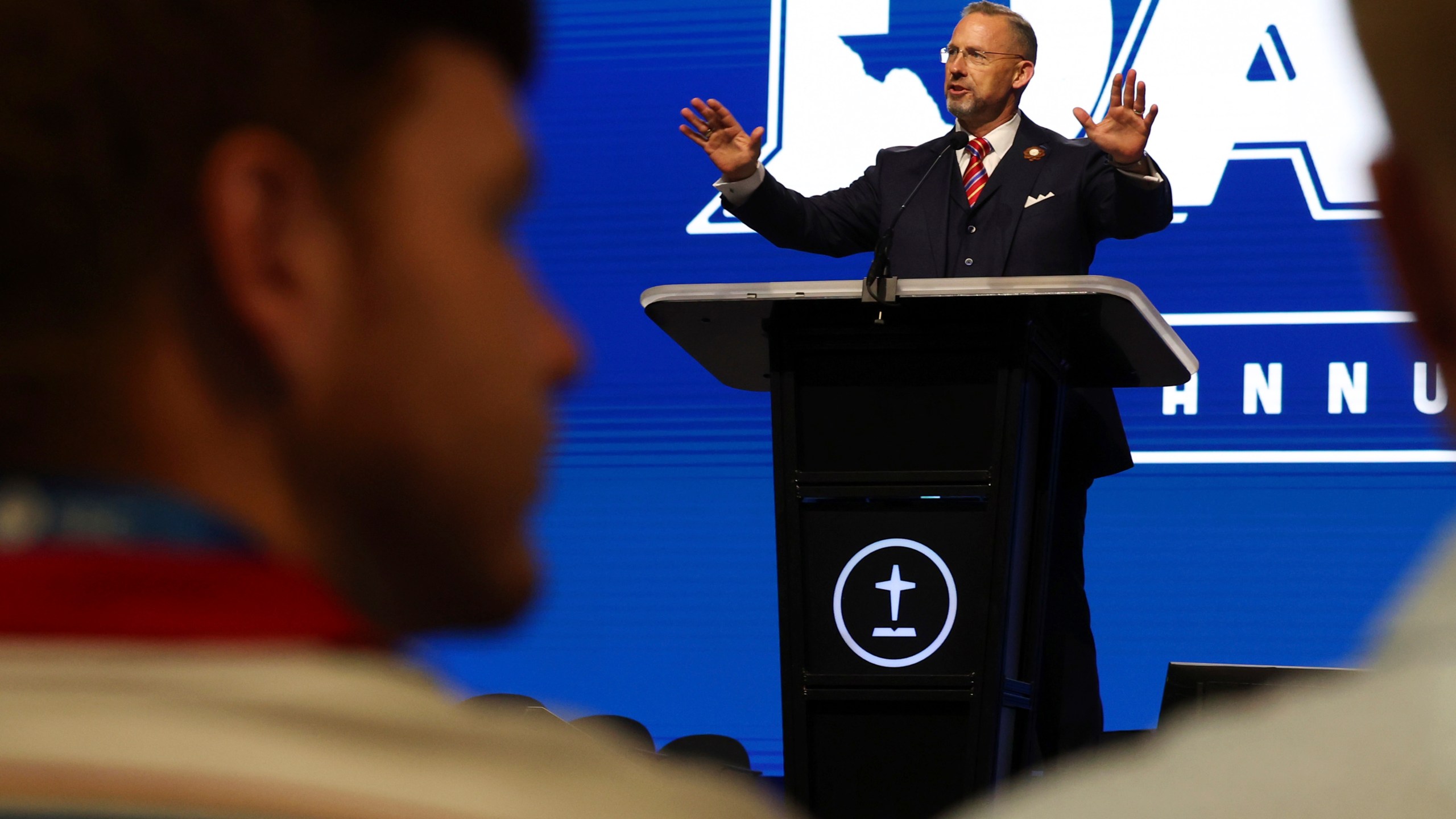 Southern Baptist Convention President Clint Pressley gives the President's Address during the 2025 SBC Annual Meeting, Tuesday, June 10, 2025, in Dallas. (AP Photo/Richard W. Rodriguez)