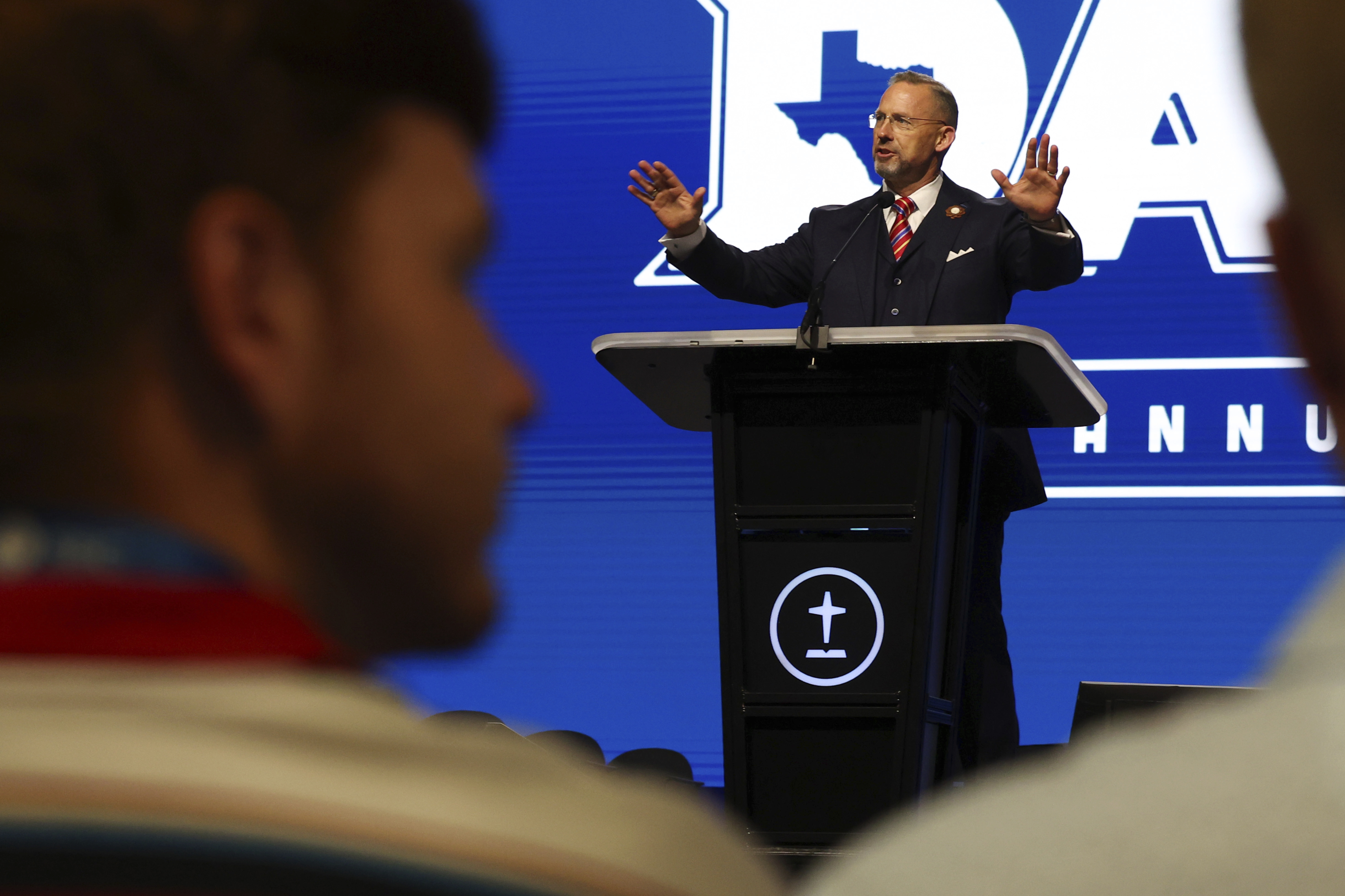 Southern Baptist Convention President Clint Pressley gives the President's Address during the 2025 SBC Annual Meeting, Tuesday, June 10, 2025, in Dallas. (AP Photo/Richard W. Rodriguez)