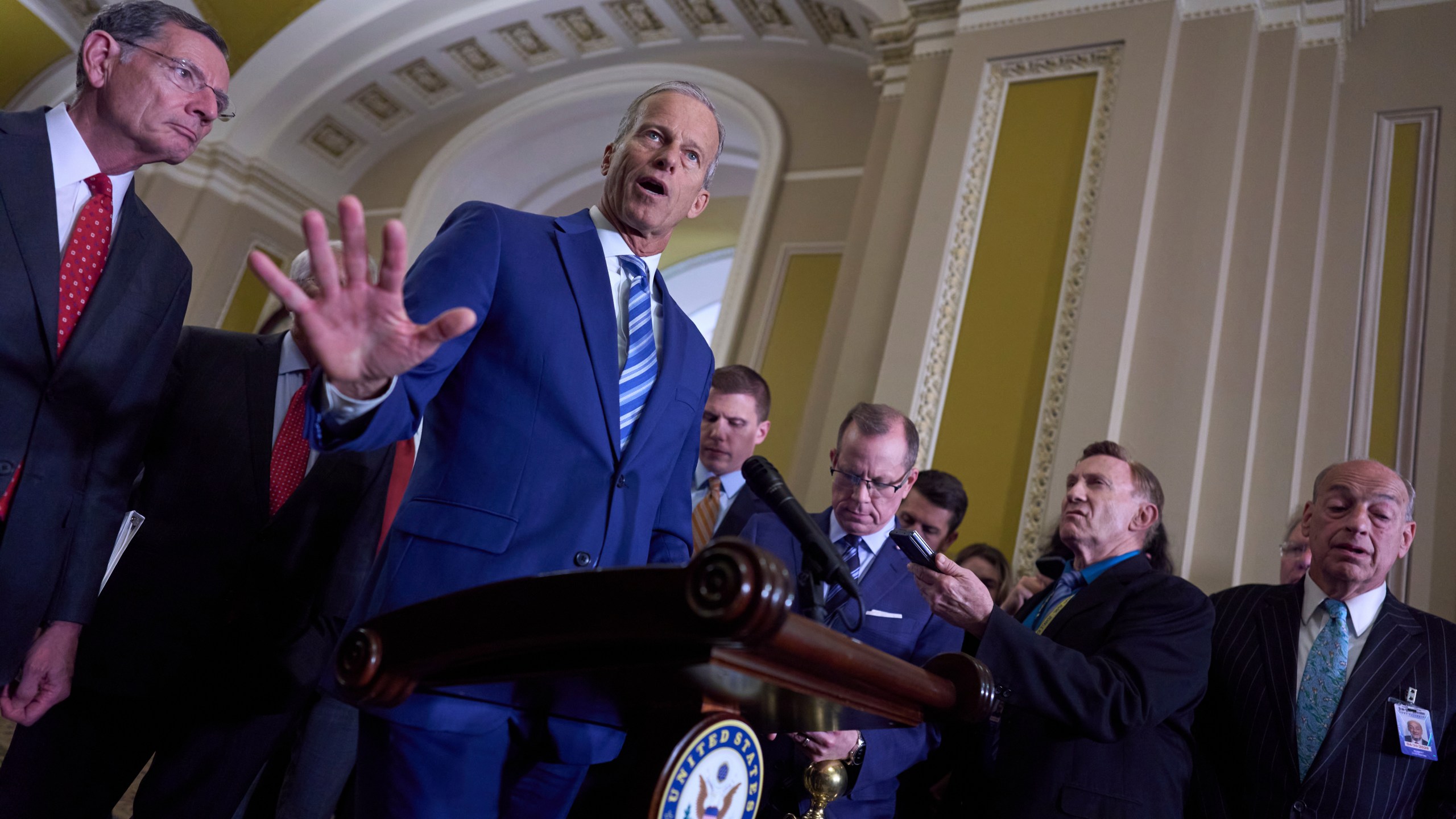 Senate Majority Leader John Thune, R-S.D., joined at left by Sen. John Barrasso, R-Wyo., the GOP whip, meets with reporters at the Capitol in Washington, Tuesday, June 10, 2025. (AP Photo/J. Scott Applewhite)