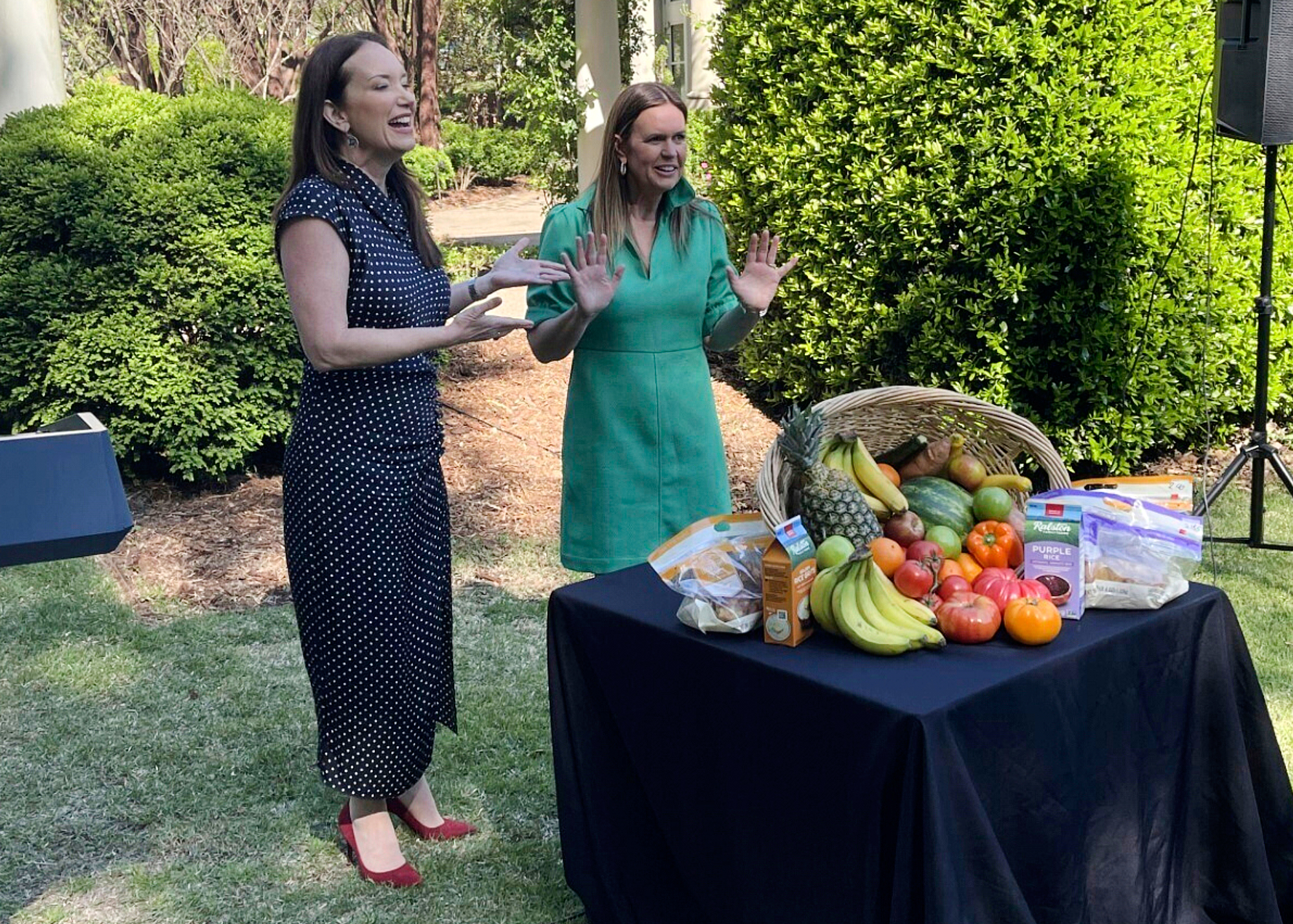 FILE - United States Agriculture Secretary Brooke Rollins, left, and Arkansas Gov. Sarah Huckabee Sanders speak outside the Governor's Mansion in Little Rock, Ark., Tuesday, April 15, 2025. (AP Photo/Andrew DeMillo, file)