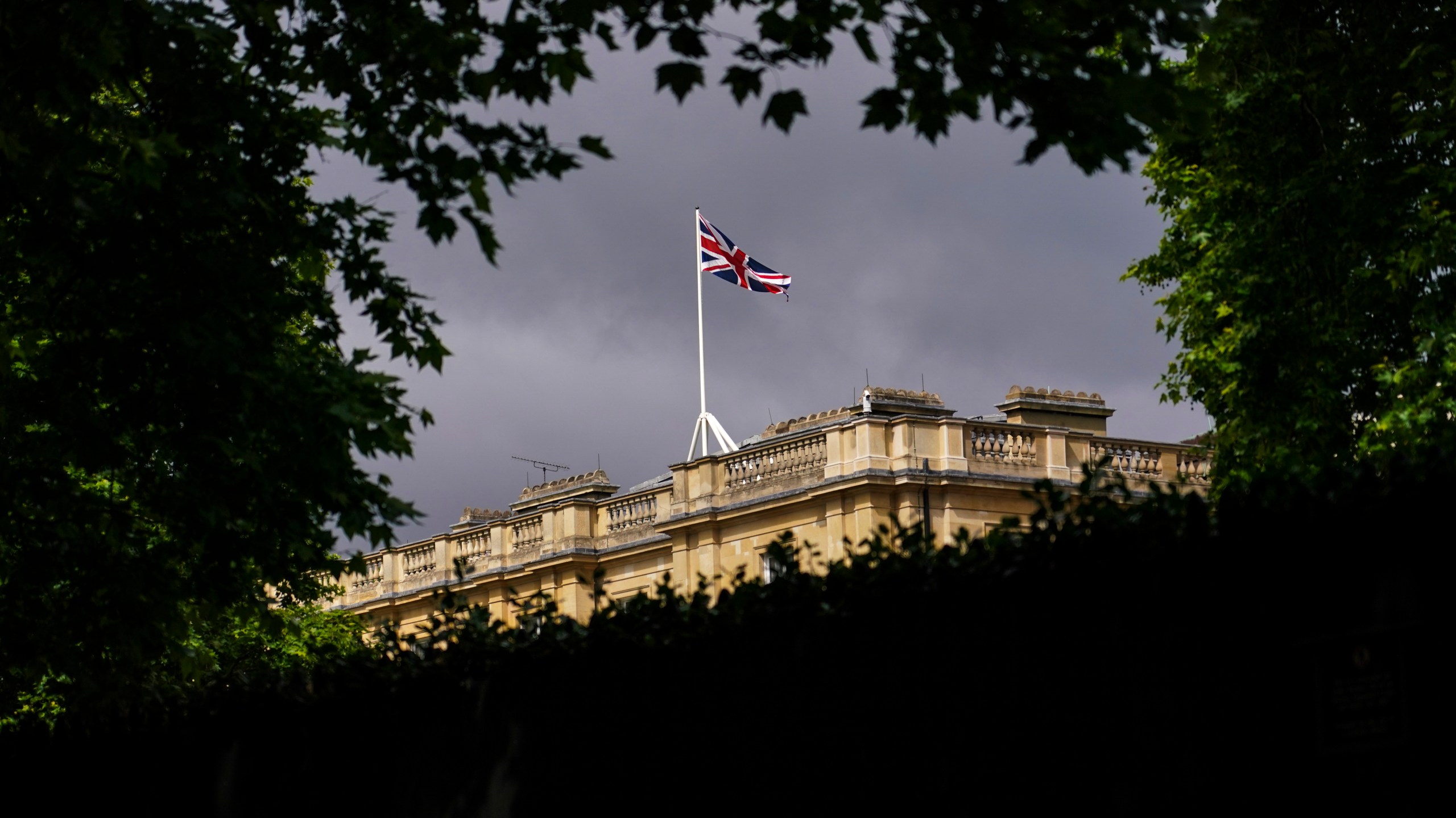 The Union Flag flies from the top of Lancaster House, during the talks between the U.S. and China, in London, Tuesday, June 10, 2025.(AP Photo/Alberto Pezzali)