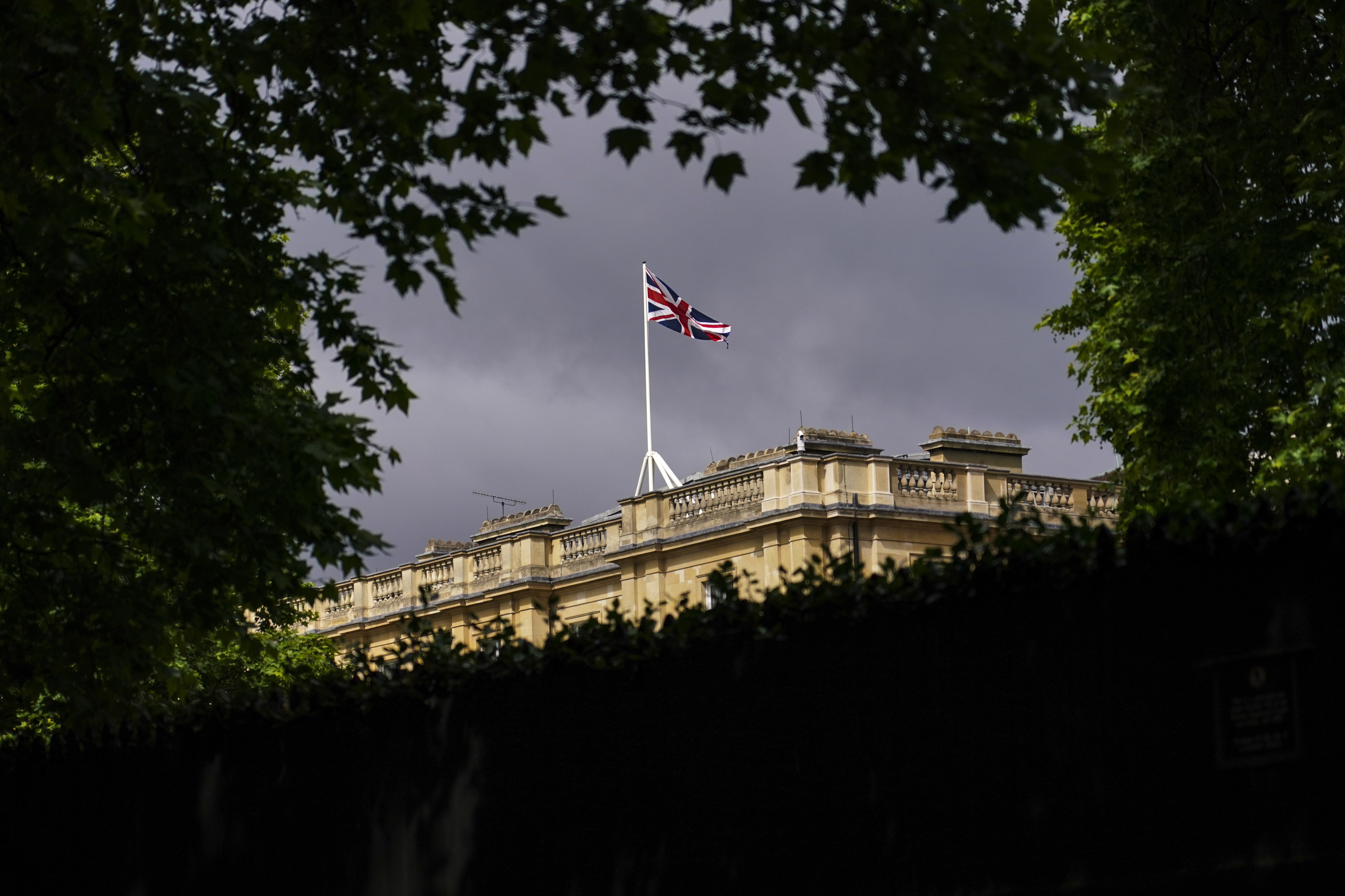 The Union Flag flies from the top of Lancaster House, during the talks between the U.S. and China, in London, Tuesday, June 10, 2025.(AP Photo/Alberto Pezzali)