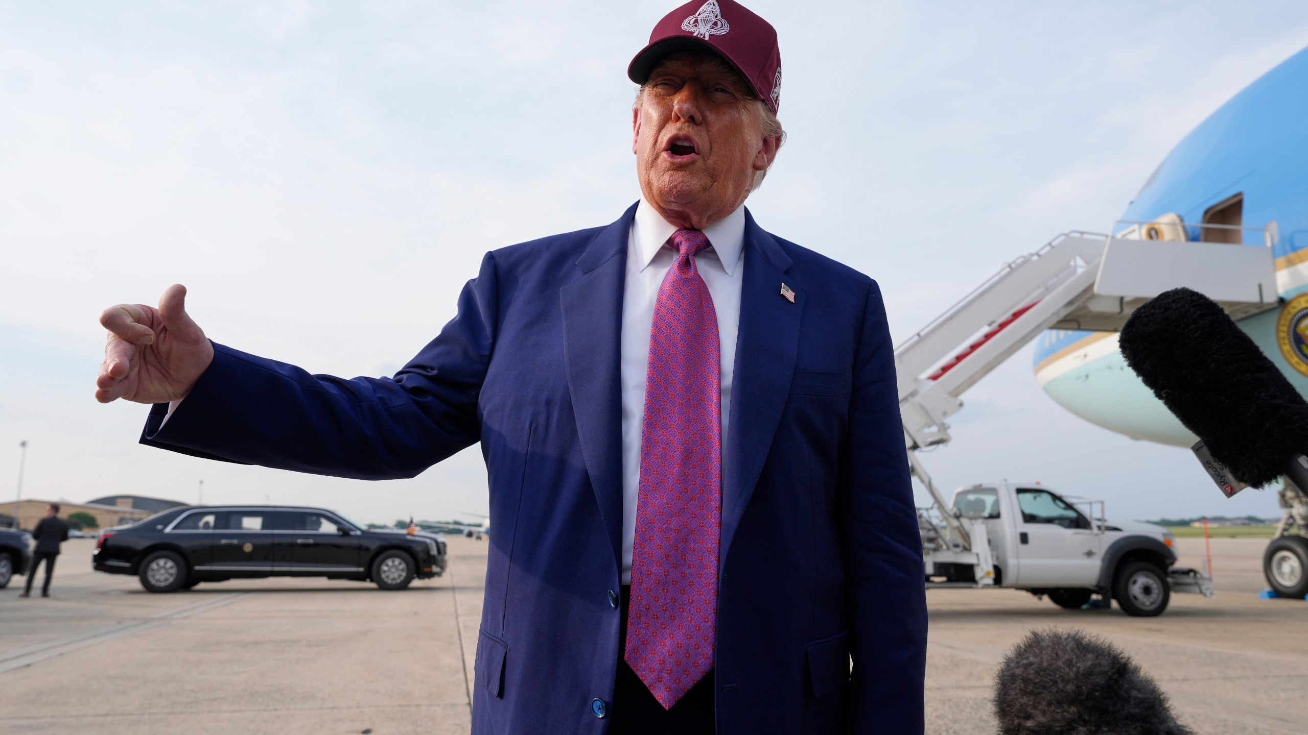 President Donald Trump speaks to reporters after arriving on Air Force One, Tuesday, June 10, 2025, at Joint Base Andrews, Md. (AP Photo/Alex Brandon)