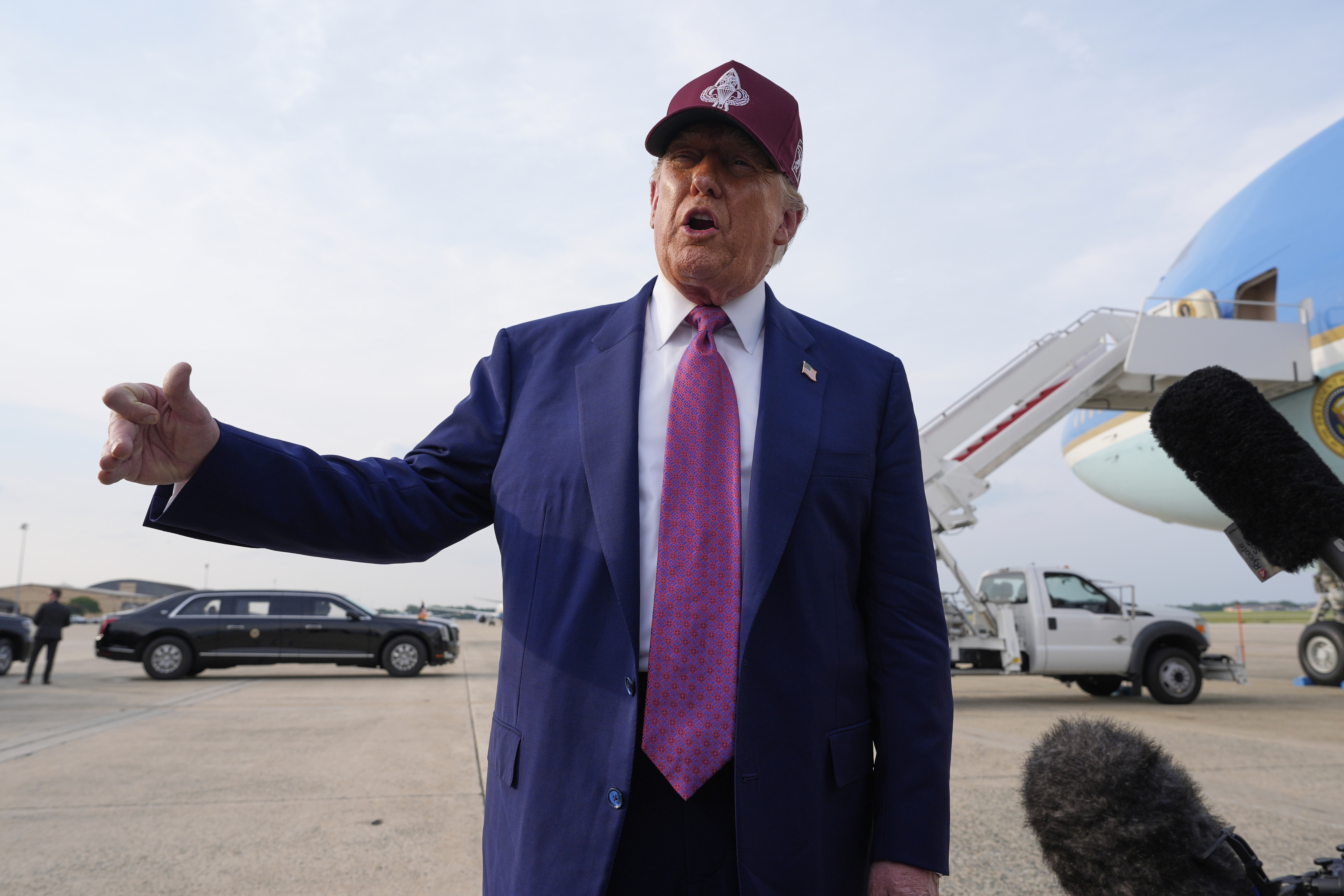 President Donald Trump speaks to reporters after arriving on Air Force One, Tuesday, June 10, 2025, at Joint Base Andrews, Md. (AP Photo/Alex Brandon)