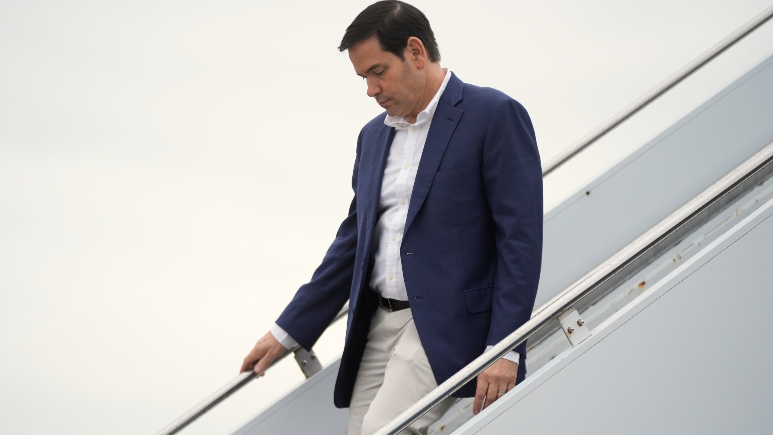 Secretary of State Marco Rubio arrives on Air Force One at Hagerstown Regional Airport, in Hagerstown, Md., on his was to Camp David, Md., Sunday, June 8, 2025. (AP Photo/Manuel Balce Ceneta)