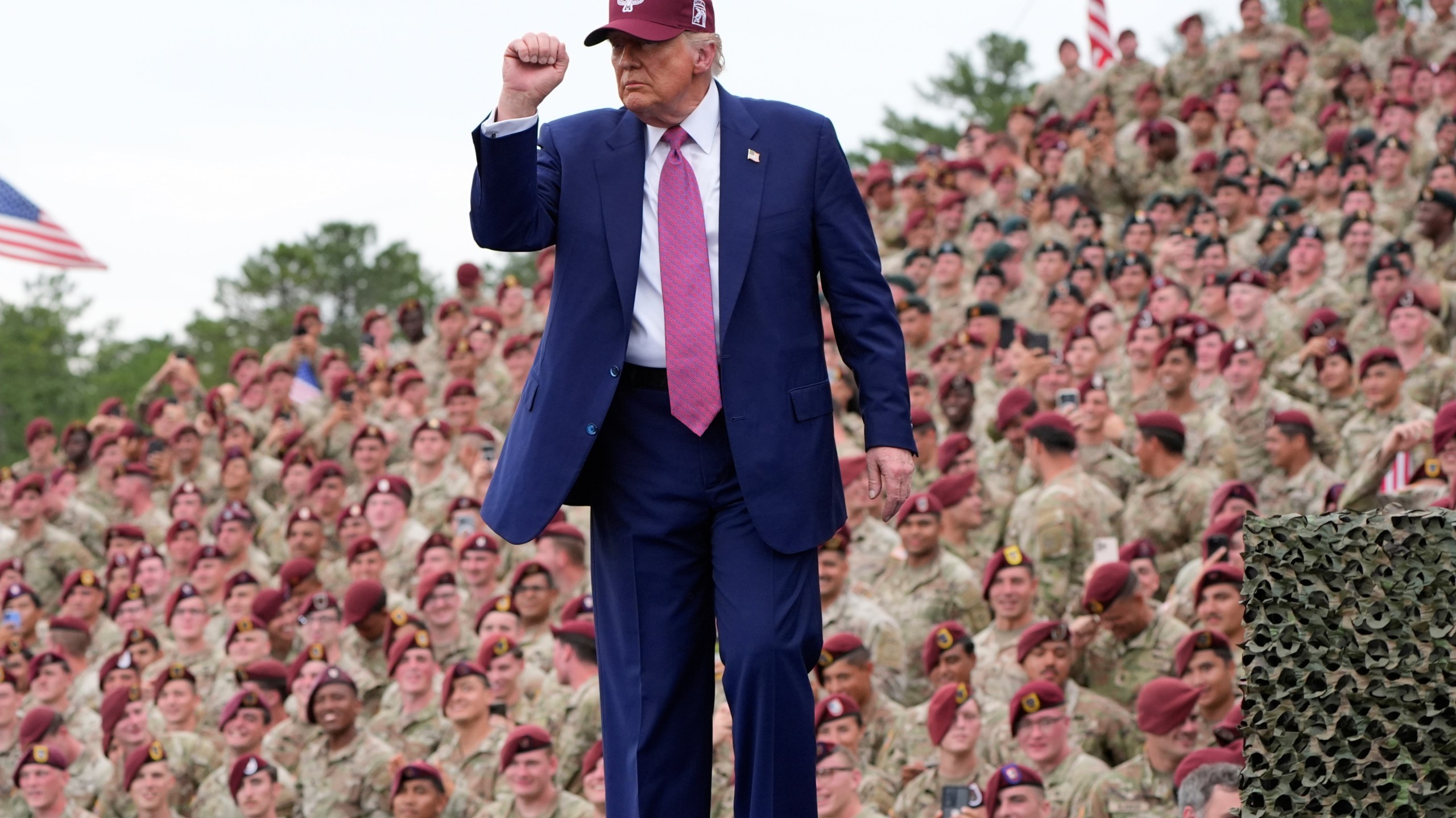 President Donald Trump gestures after speaking at Fort Bragg, Tuesday, June 10, 2025, in Fort Bragg, N.C. (AP Photo/Alex Brandon)