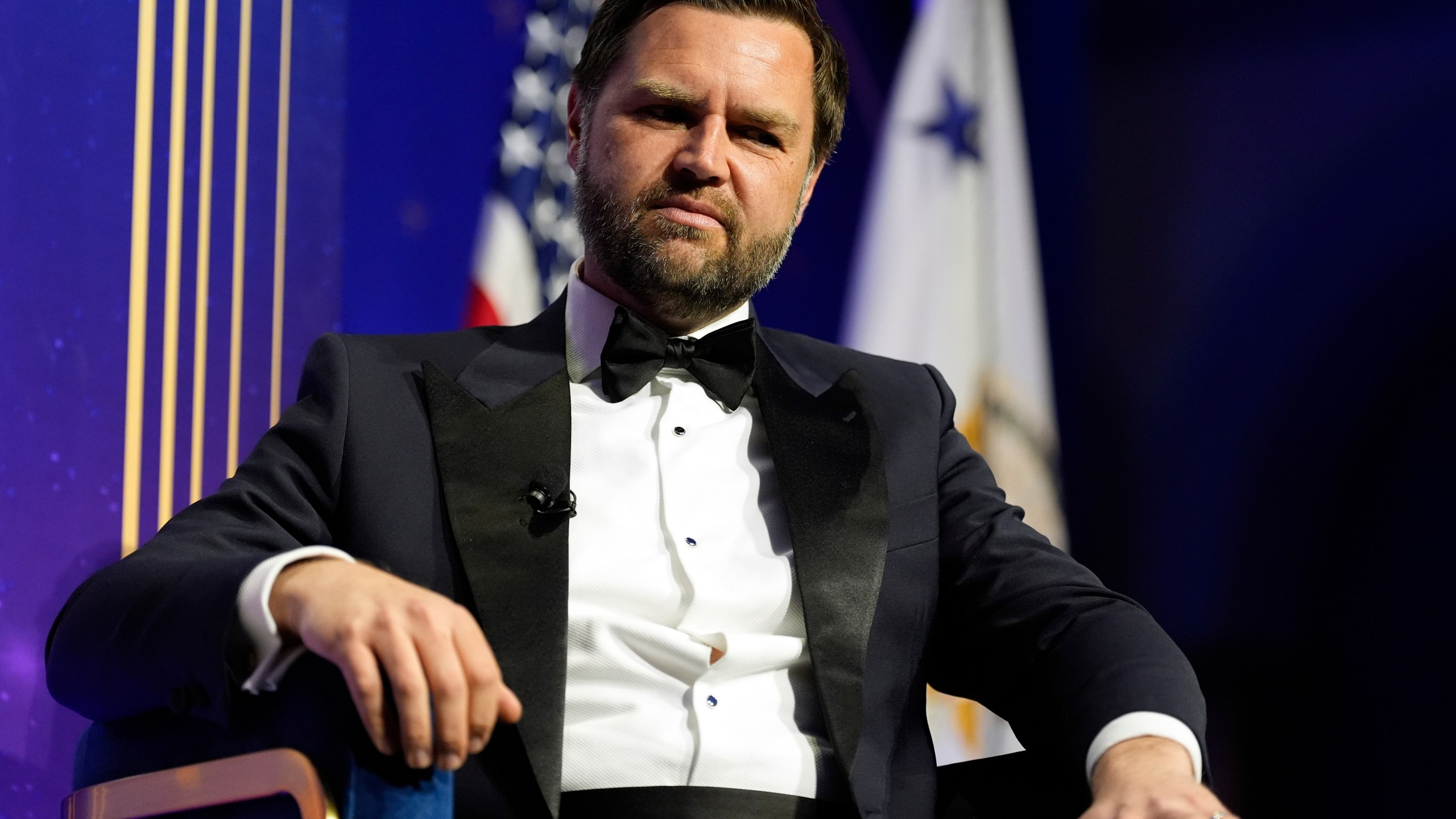 Vice President JD Vance listens as he speaks with American Compass founder Oren Cass at the American Compass's The New World Gala in Washington, Tuesday, June 3, 2025. (AP Photo/Mark Schiefelbein)