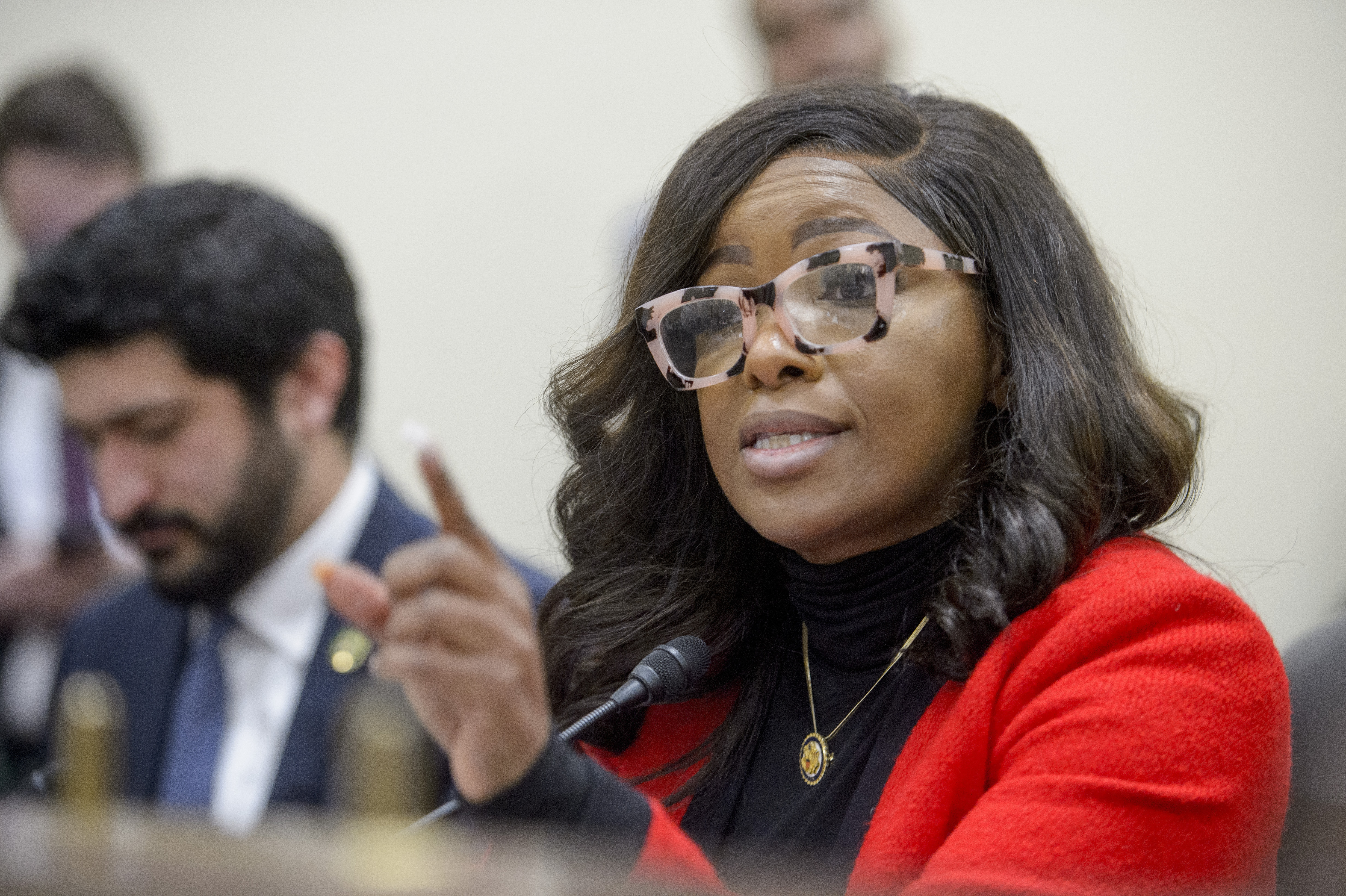 FILE - Rep. Jasmine Crockett, D-Texas, questions the witnesses during a House Committee on Oversight and Government Reform Subcommittee hearing on government efficiency on Capitol Hill, Feb. 12, 2025, in Washington. (AP Photo/Rod Lamkey, Jr., File)
