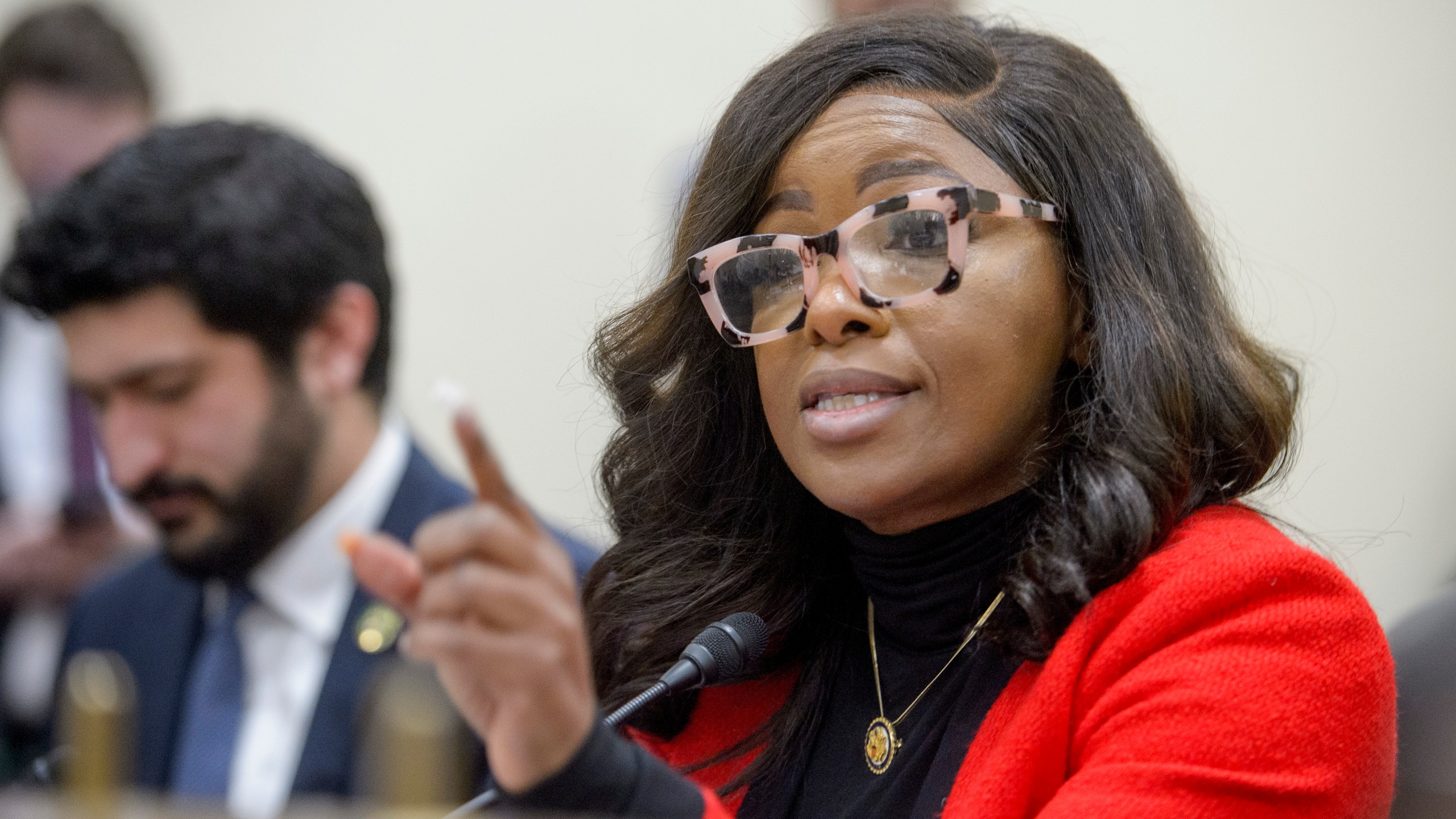 FILE - Rep. Jasmine Crockett, D-Texas, questions the witnesses during a House Committee on Oversight and Government Reform Subcommittee hearing on government efficiency on Capitol Hill, Feb. 12, 2025, in Washington. (AP Photo/Rod Lamkey, Jr., File)