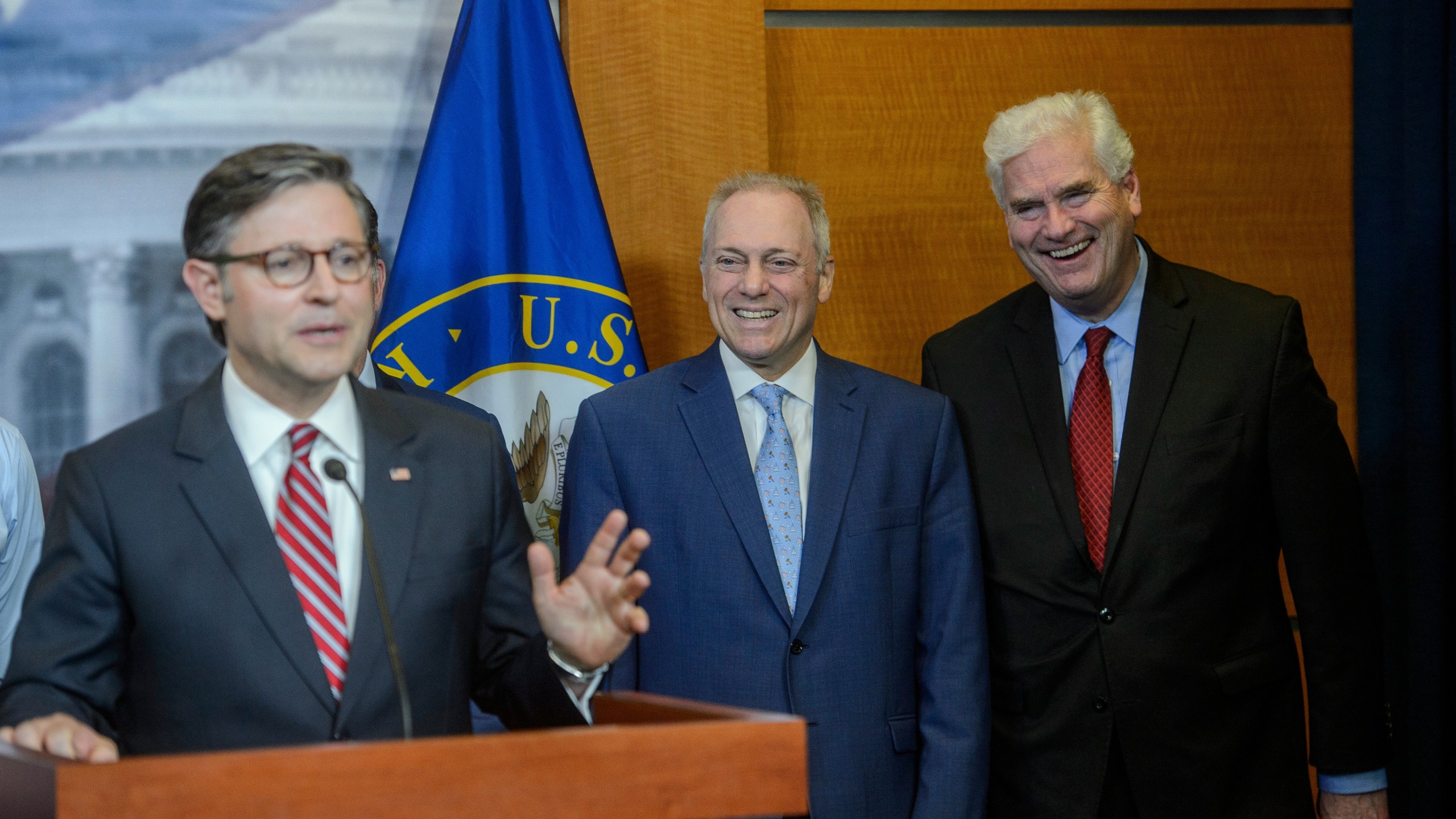 House Majority Leader Steve Scalise, R-La., center, and House Majority Whip Tom Emmer, R-Minn., right, listen as Speaker of the House Mike Johnson, R-La., left, speaks during a news conference at the Capitol, Tuesday, May 20, 2025, in Washington. (AP Photo/Rod Lamkey, Jr.)
