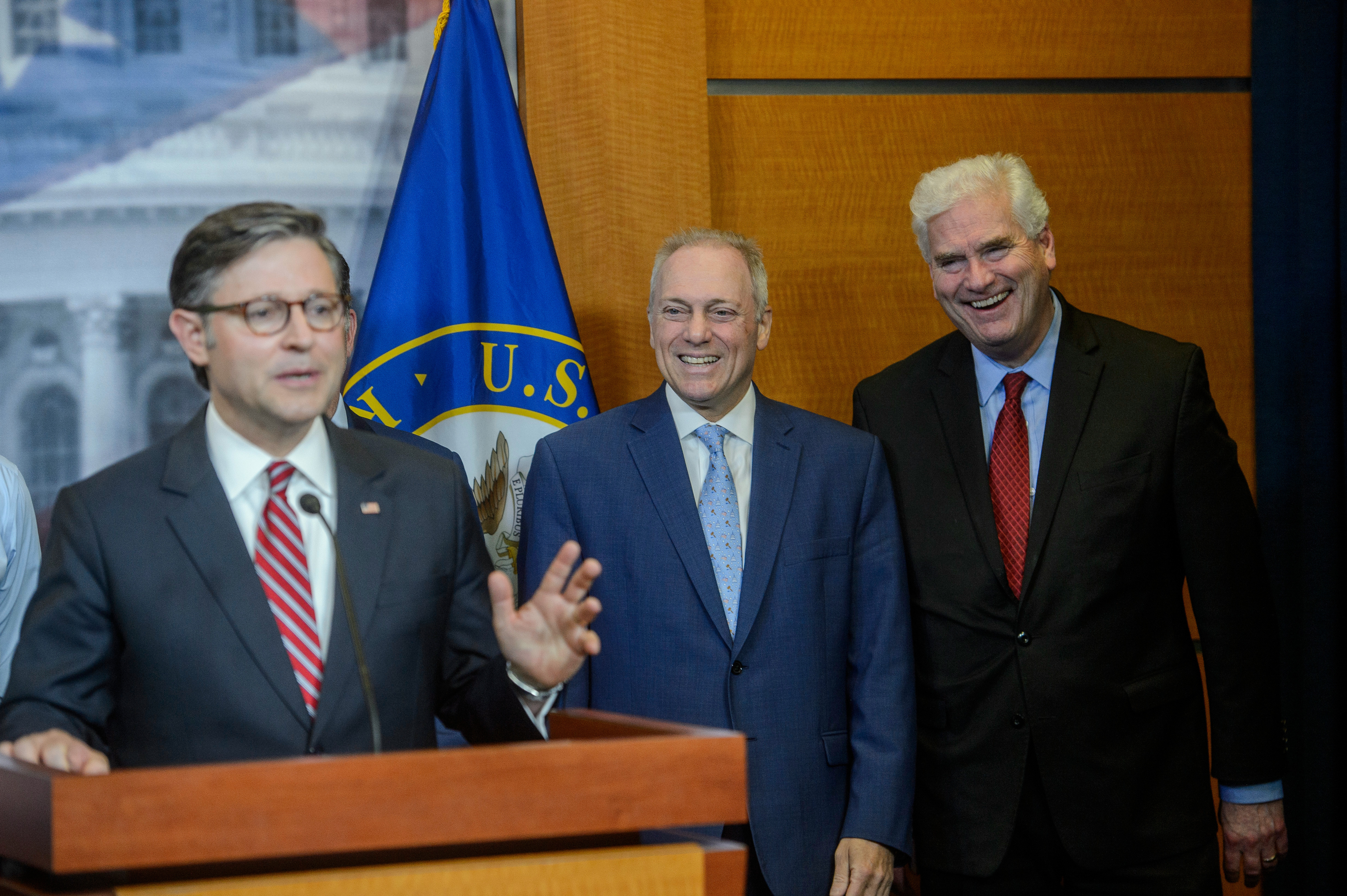 House Majority Leader Steve Scalise, R-La., center, and House Majority Whip Tom Emmer, R-Minn., right, listen as Speaker of the House Mike Johnson, R-La., left, speaks during a news conference at the Capitol, Tuesday, May 20, 2025, in Washington. (AP Photo/Rod Lamkey, Jr.)