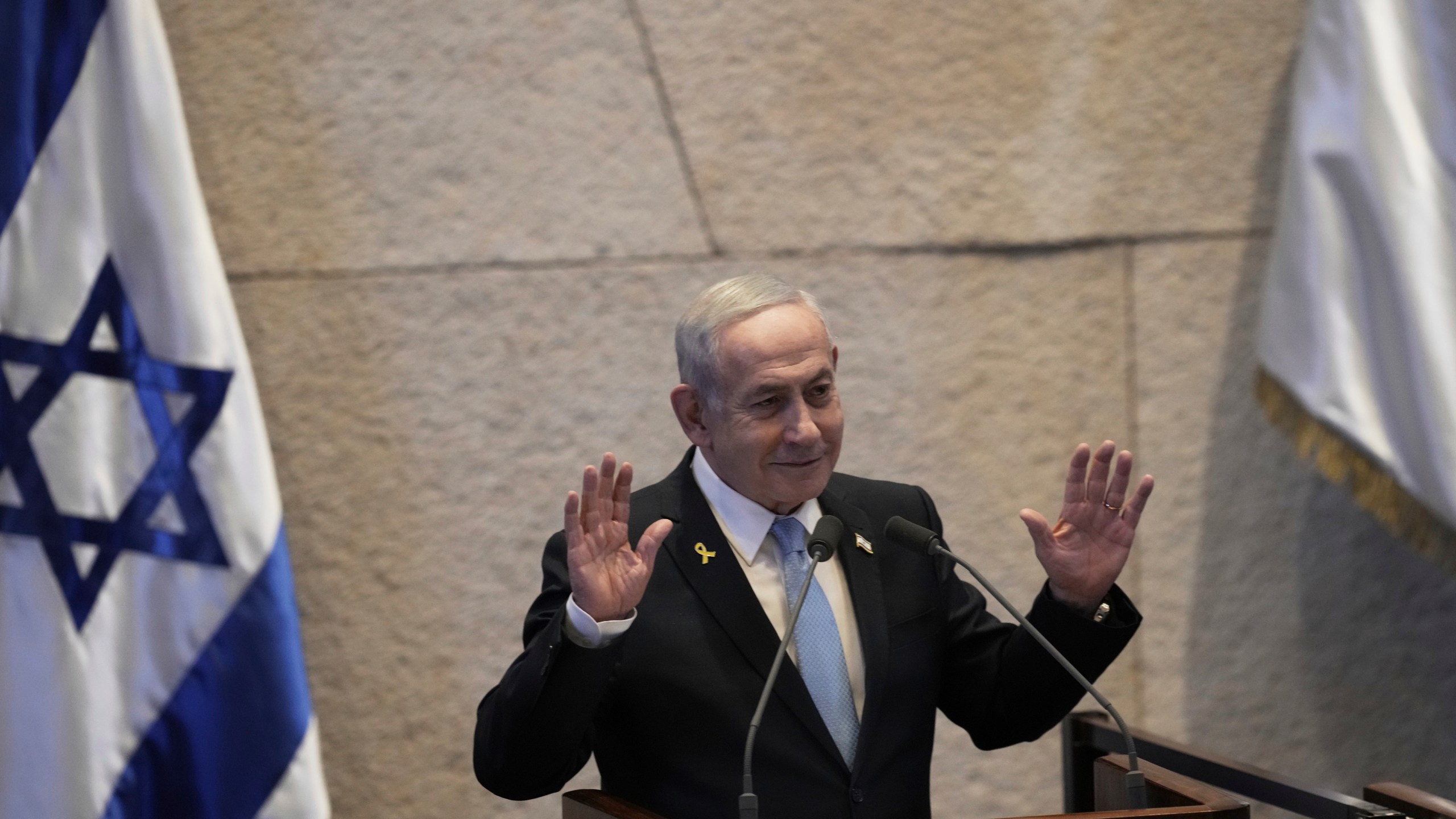 Israel's Prime Minister Benjamin Netanyahu delivers a welcome message during a visit by Argentina's President Javier Milei to the Knesset, Israel's parliament, in Jerusalem, Wednesday, June 11, 2025. (AP Photo/Ohad Zwigenberg)