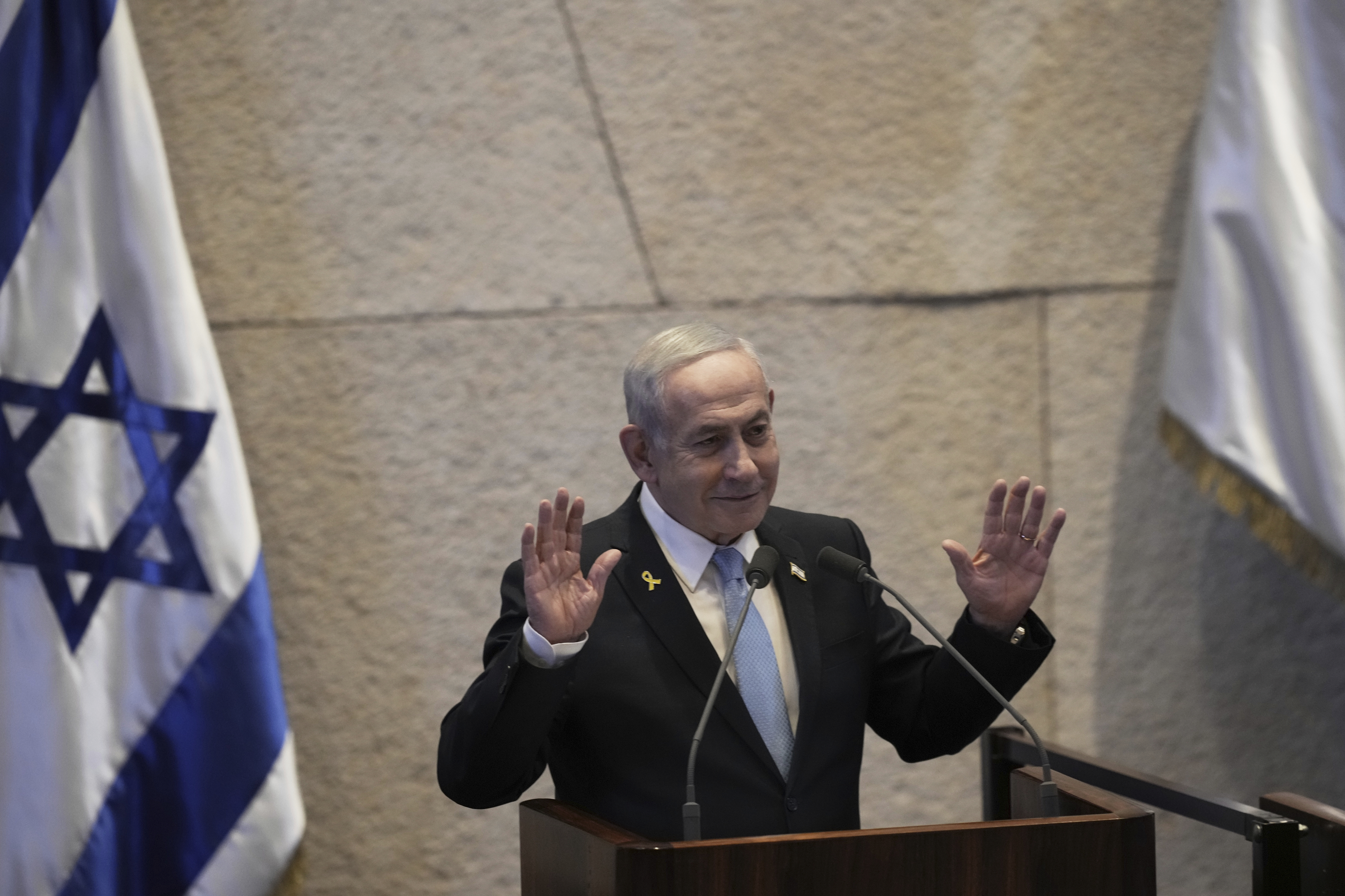 Israel's Prime Minister Benjamin Netanyahu delivers a welcome message during a visit by Argentina's President Javier Milei to the Knesset, Israel's parliament, in Jerusalem, Wednesday, June 11, 2025. (AP Photo/Ohad Zwigenberg)
