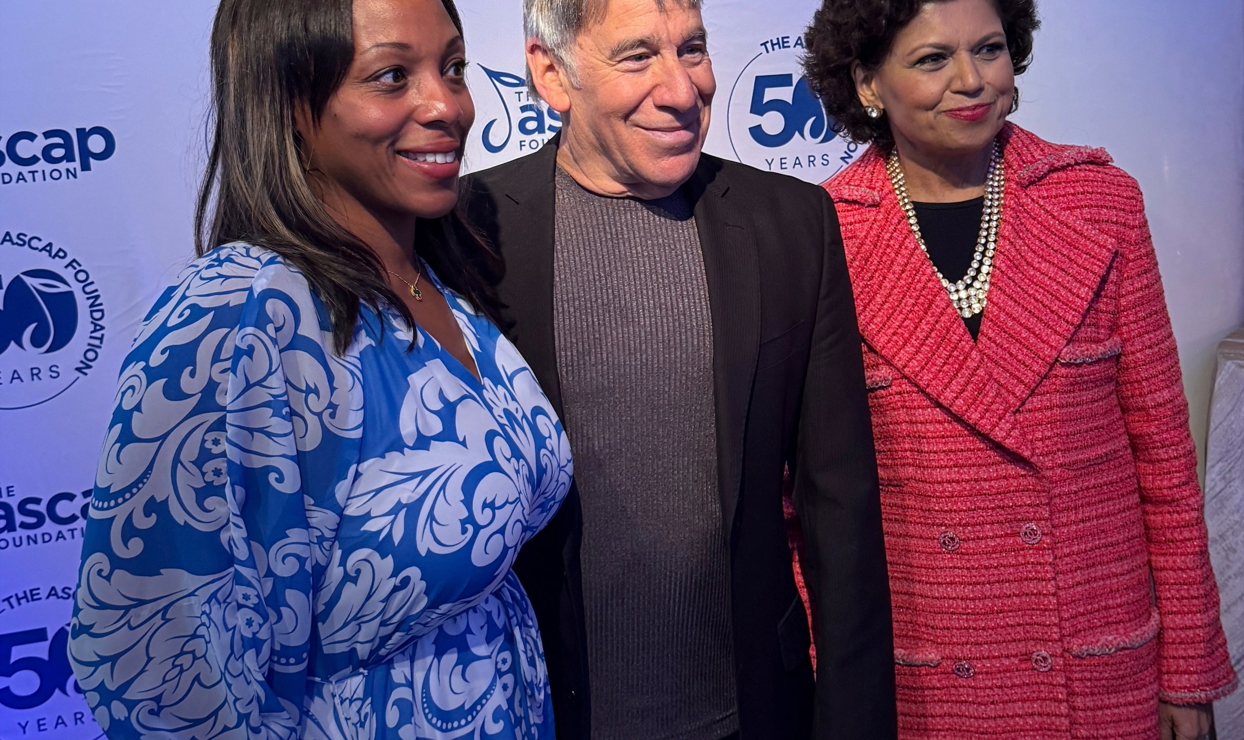 ASCAP Foundation Executive Director Nicole George-Middleton, Stephen Schwartz and businesswoman Chandrika Tandon pose for a photo at the ASCAP Foundation's 50th anniversary celebration in Manhattan, New York on Tuesday, June 10, 2025. (AP Photo/James Pollard)