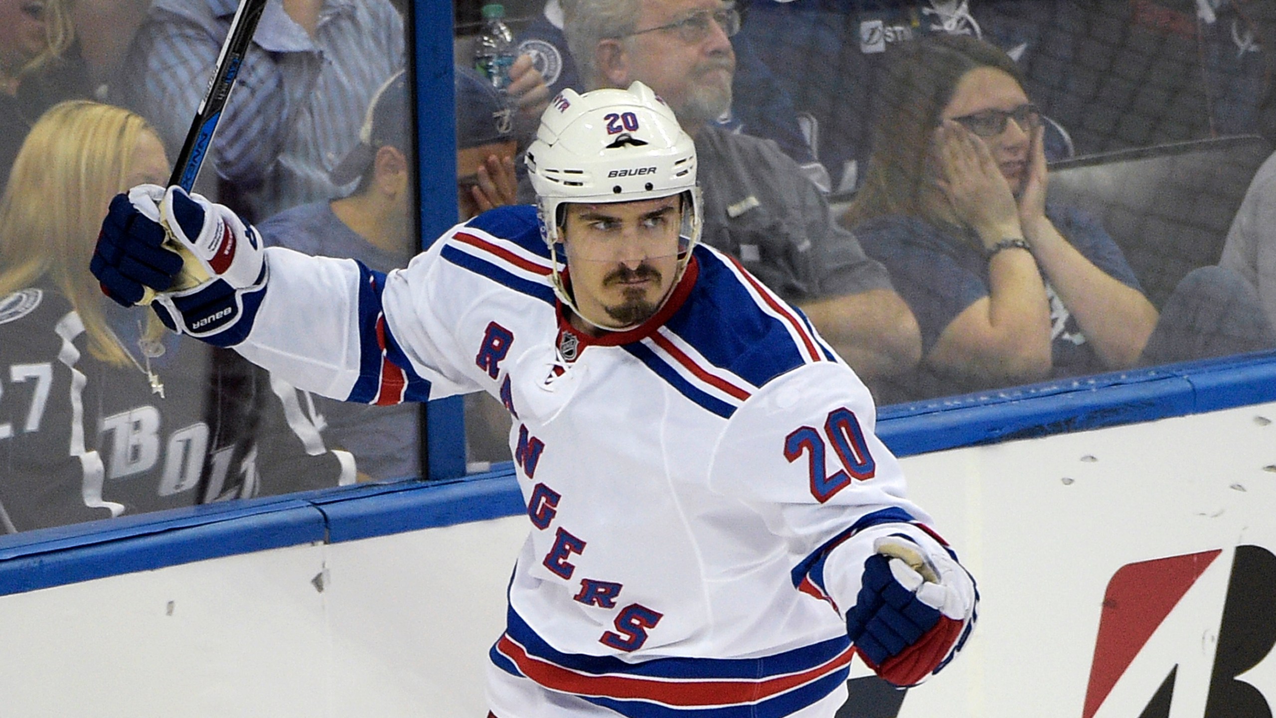FILE - New York Rangers' Chris Kreider celebrates after scoring a goal during the second period of Game 4 of the Eastern Conference finals against the Tampa Bay Lightning, in the NHL hockey Stanley Cup playoffs, May 22, 2015, in Tampa, Fla. (AP Photo/Phelan M. Ebenhack, file)