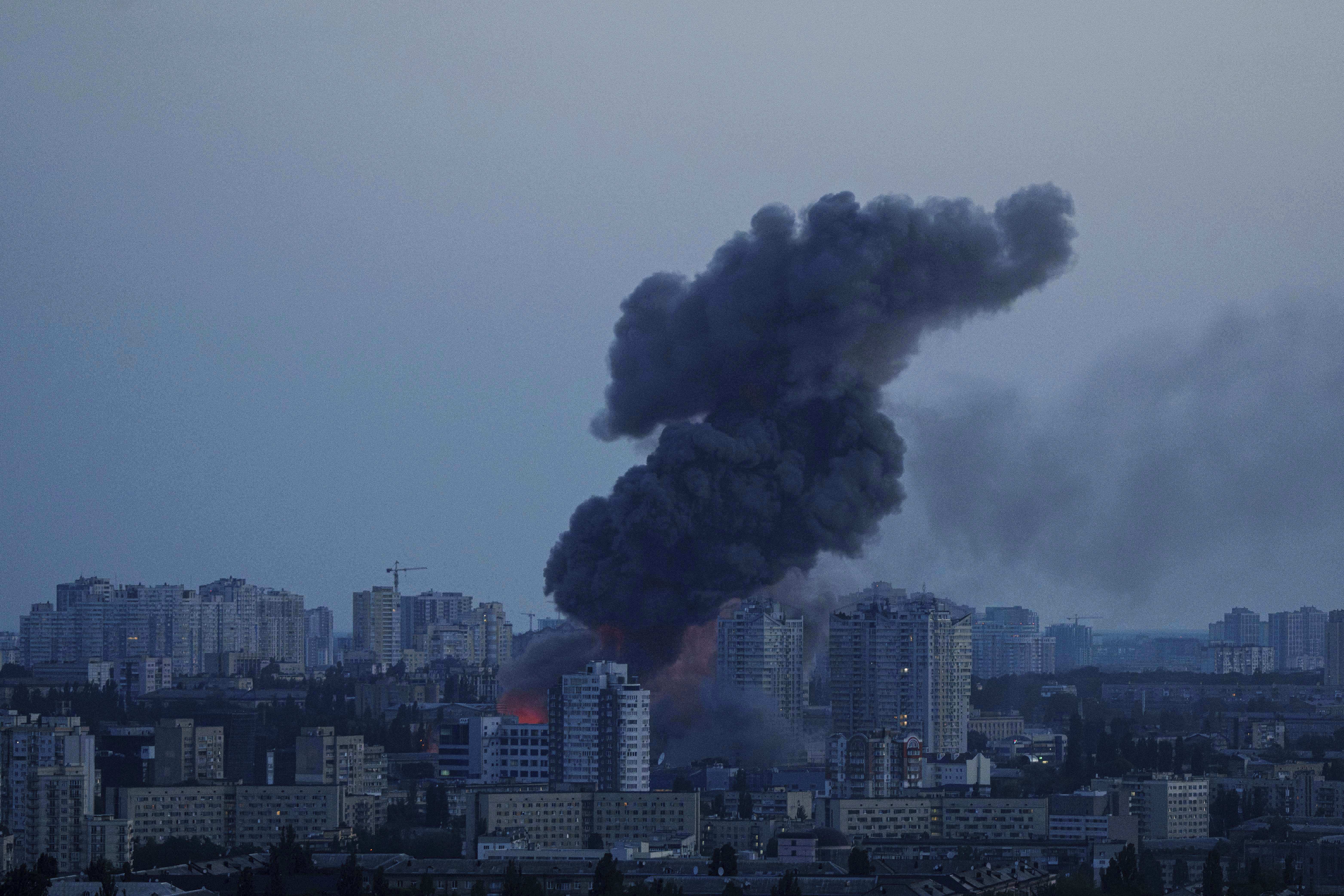 Smoke rises after a Russian air strike on Kyiv, Ukraine, on Friday, June 6, 2025. (AP Photo/Evgeniy Maloletka)