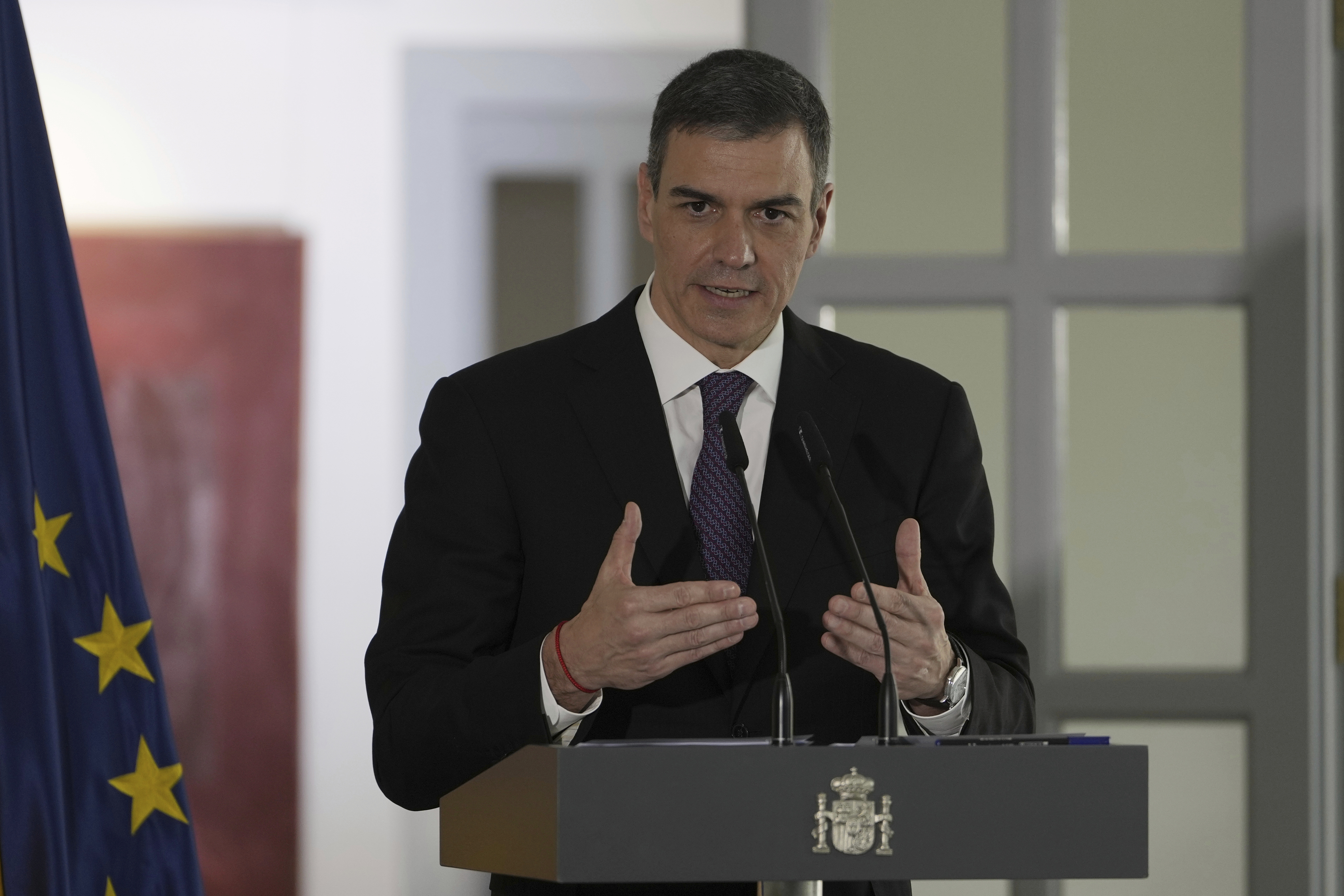 FILE - Spain's Prime Minister Pedro Sanchez speaks during a press conference at the Spanish Embassy in Beijing, April 11, 2025. (AP Photo/Ng Han Guan, File)