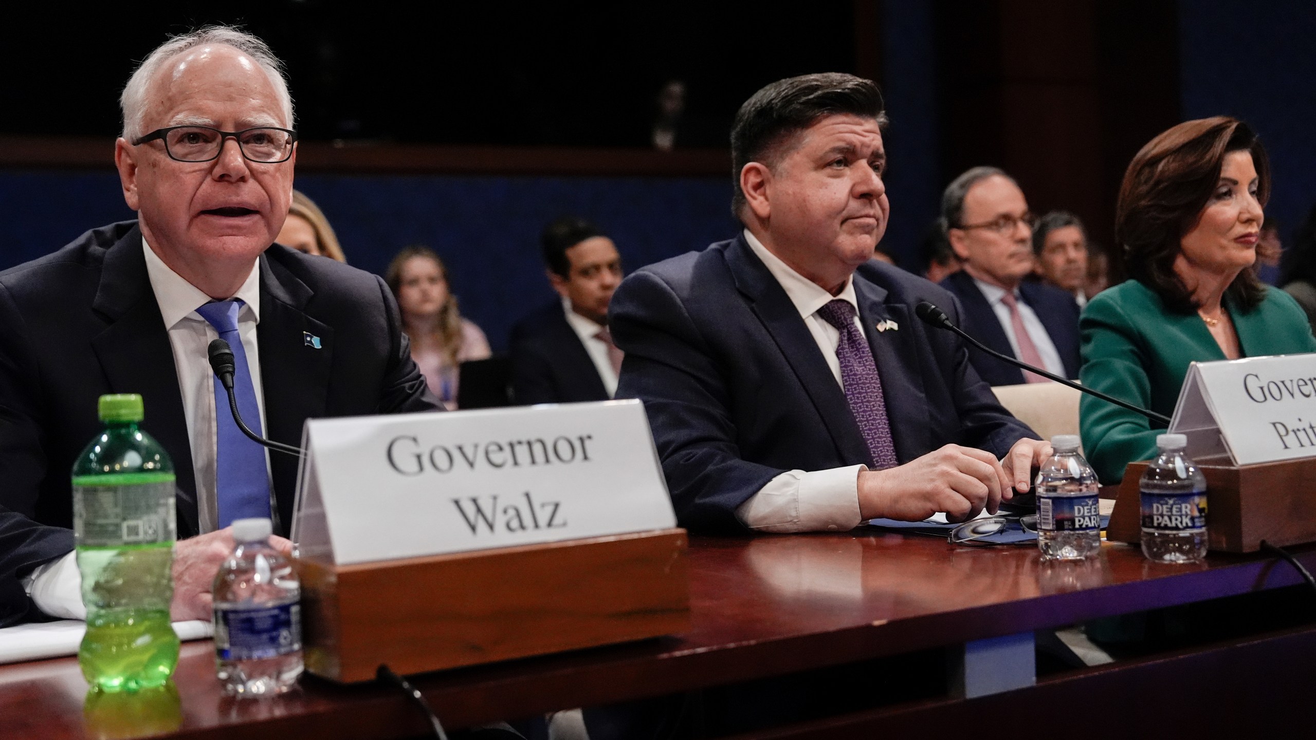 Minnesota Gov. Tim Walz, Illinois Gov. JB Pritzker and New York Gov. Kathy Hochul attend a House Committee on Oversight and Government Reform hearing, Thursday, June 12, 2025, at the U.S. Capitol in Washington. (AP Photo/Julia Demaree Nikhinson)