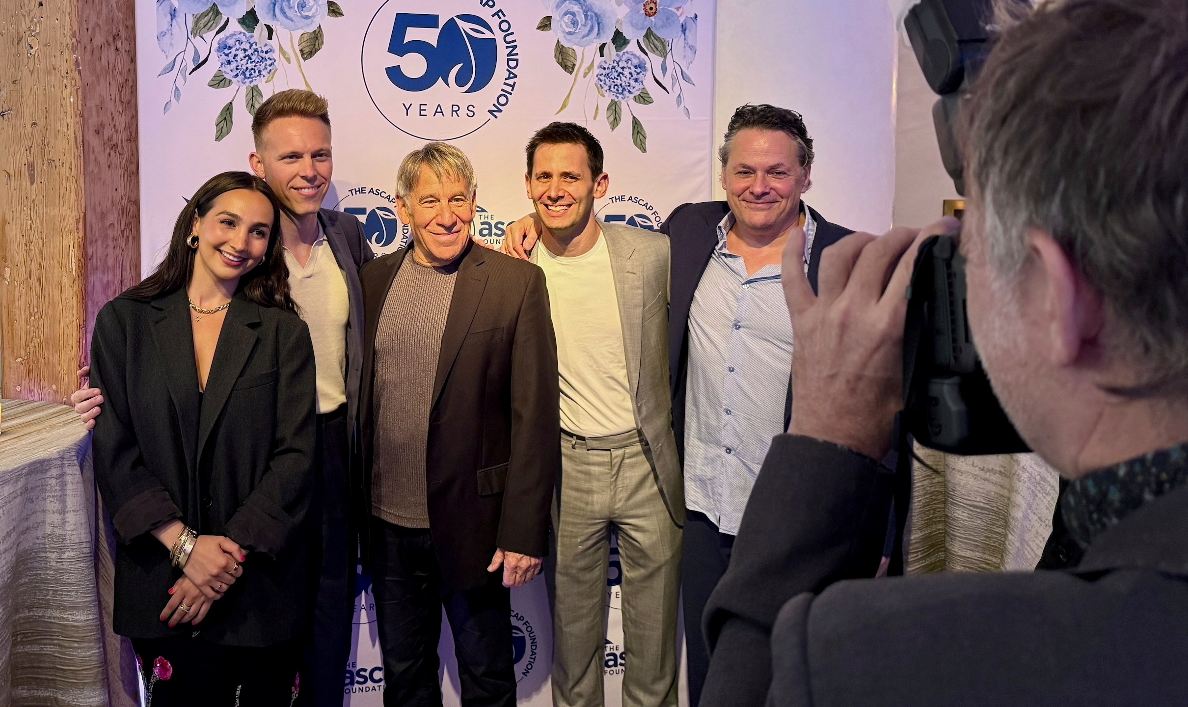 Emily Bear, Justin Paul, Stephen Schwartz, Benj Pasek and Adam Guettel pose for a photo at the ASCAP Foundation's 50th anniversary celebration in Manhattan, New York on Tuesday, June 10, 2025. (AP Photo/James Pollard)
