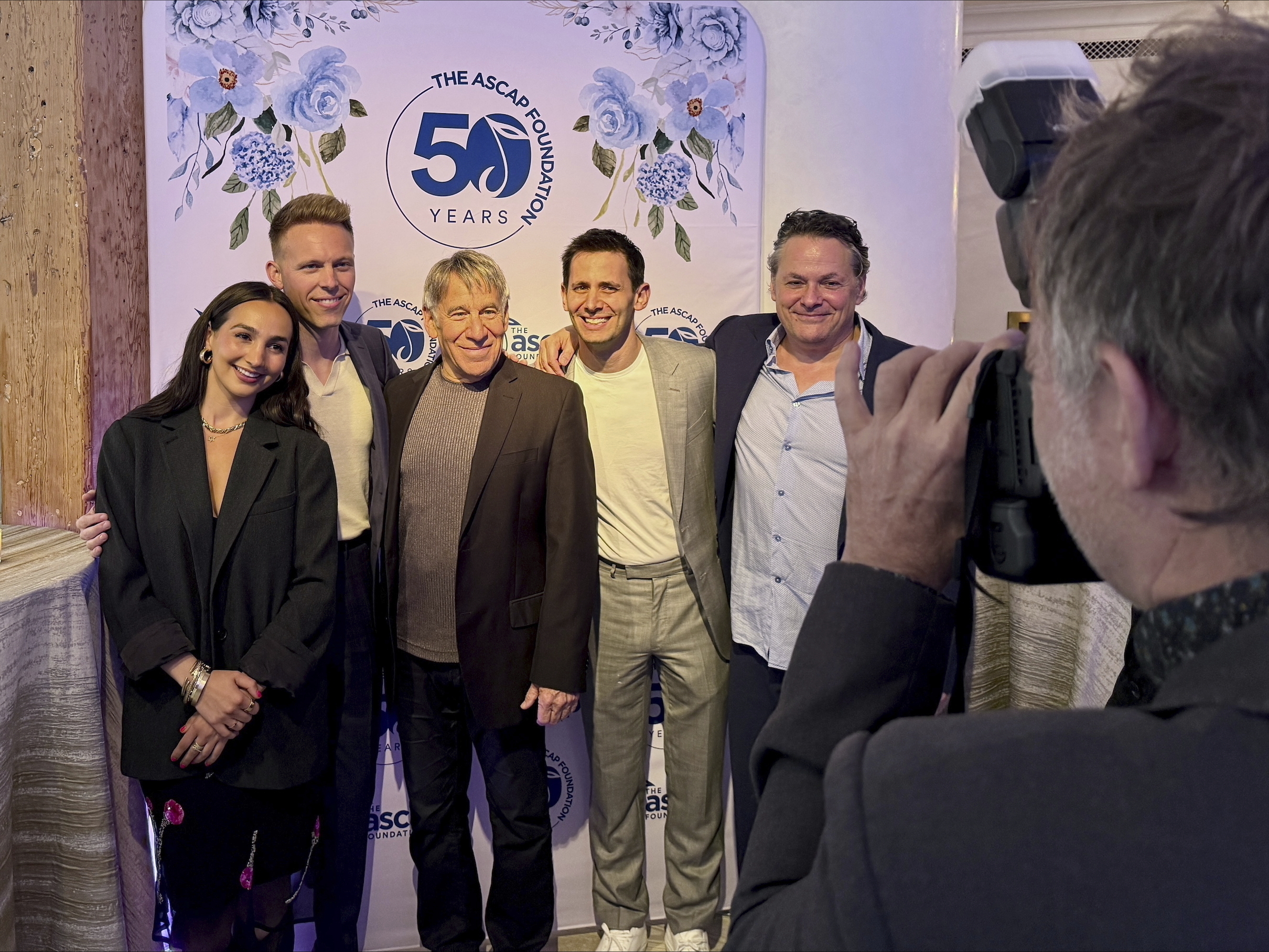 Emily Bear, Justin Paul, Stephen Schwartz, Benj Pasek and Adam Guettel pose for a photo at the ASCAP Foundation's 50th anniversary celebration in Manhattan, New York on Tuesday, June 10, 2025. (AP Photo/James Pollard)