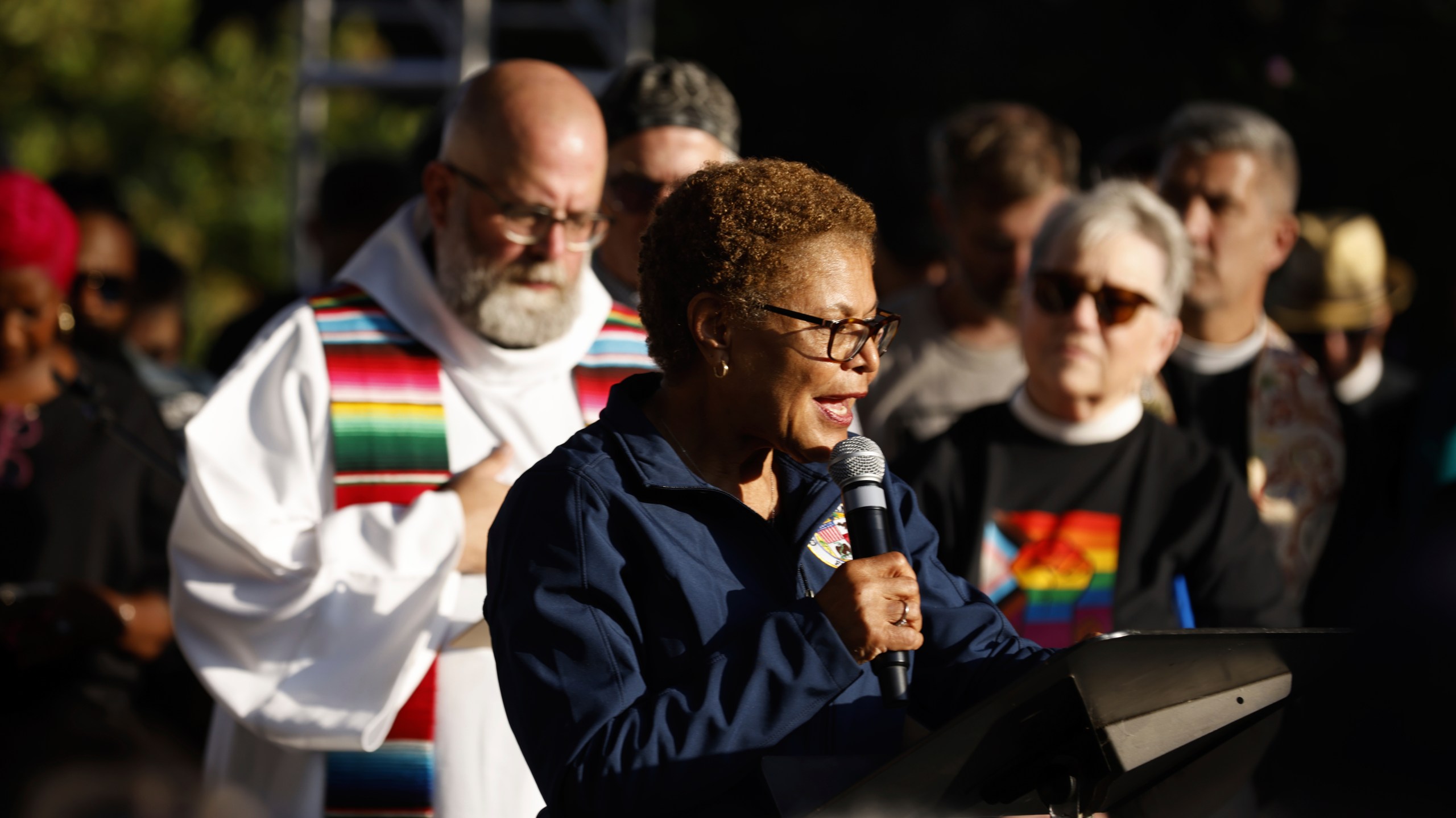 Los Angeles Mayor Karen Bass speaks during a interfaith prayer vigil calling for nonviolence and solidarity with immigrant neighbors at Gloria Molina Grand Park, Tuesday, June 10, 2025, in Los Angeles. (Stephen Lam/San Francisco Chronicle via AP)