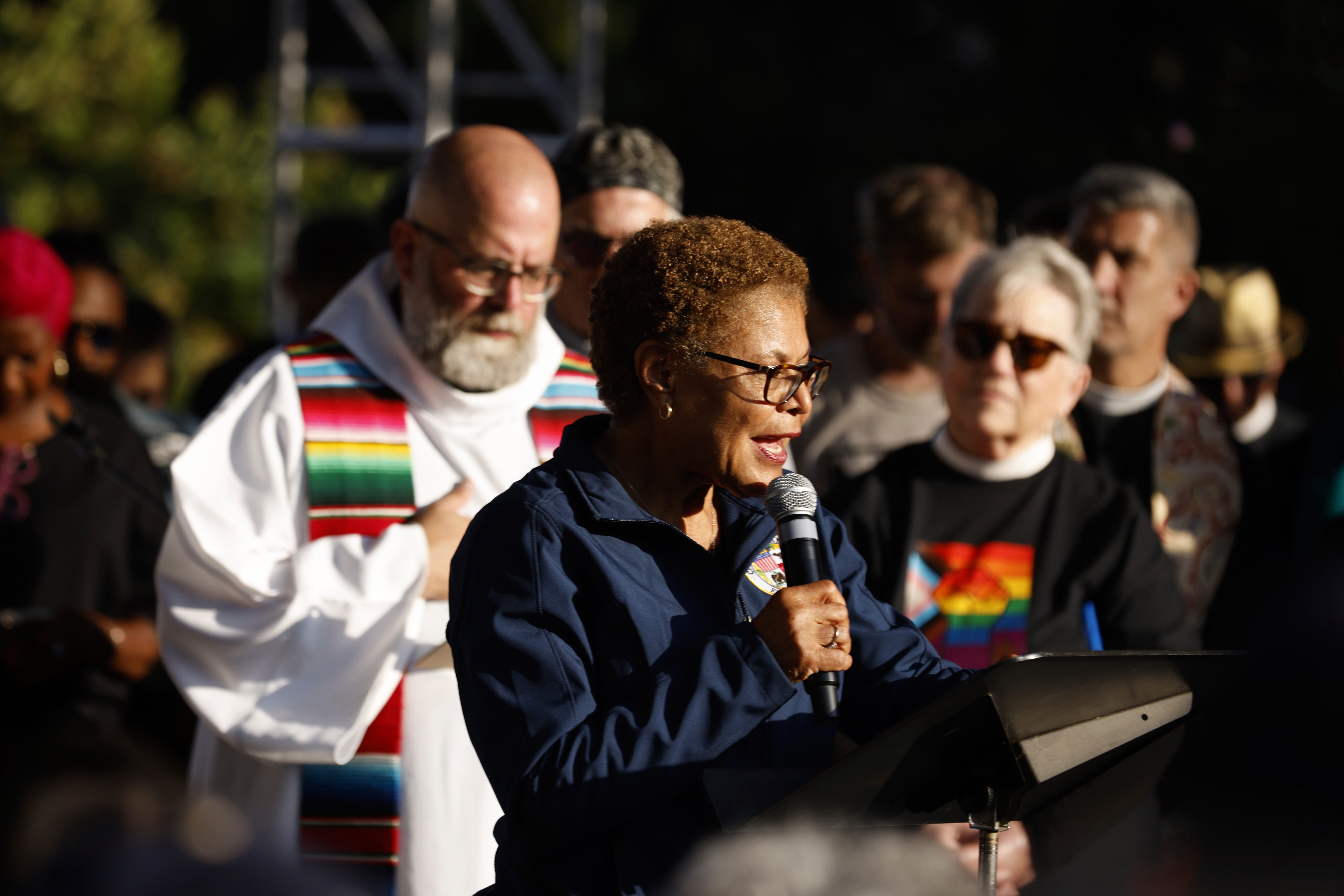 Los Angeles Mayor Karen Bass speaks during a interfaith prayer vigil calling for nonviolence and solidarity with immigrant neighbors at Gloria Molina Grand Park, Tuesday, June 10, 2025, in Los Angeles. (Stephen Lam/San Francisco Chronicle via AP)