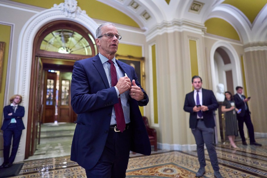 Senate Majority Leader John Thune, R-S.D., leaves the chamber as Republican senators meet to find a way to help President Donald Trump cancel $9.4 billion in spending already approved by Congress, at the Capitol in Washington, Wednesday, June 11, 2025. (AP Photo/J. Scott Applewhite)