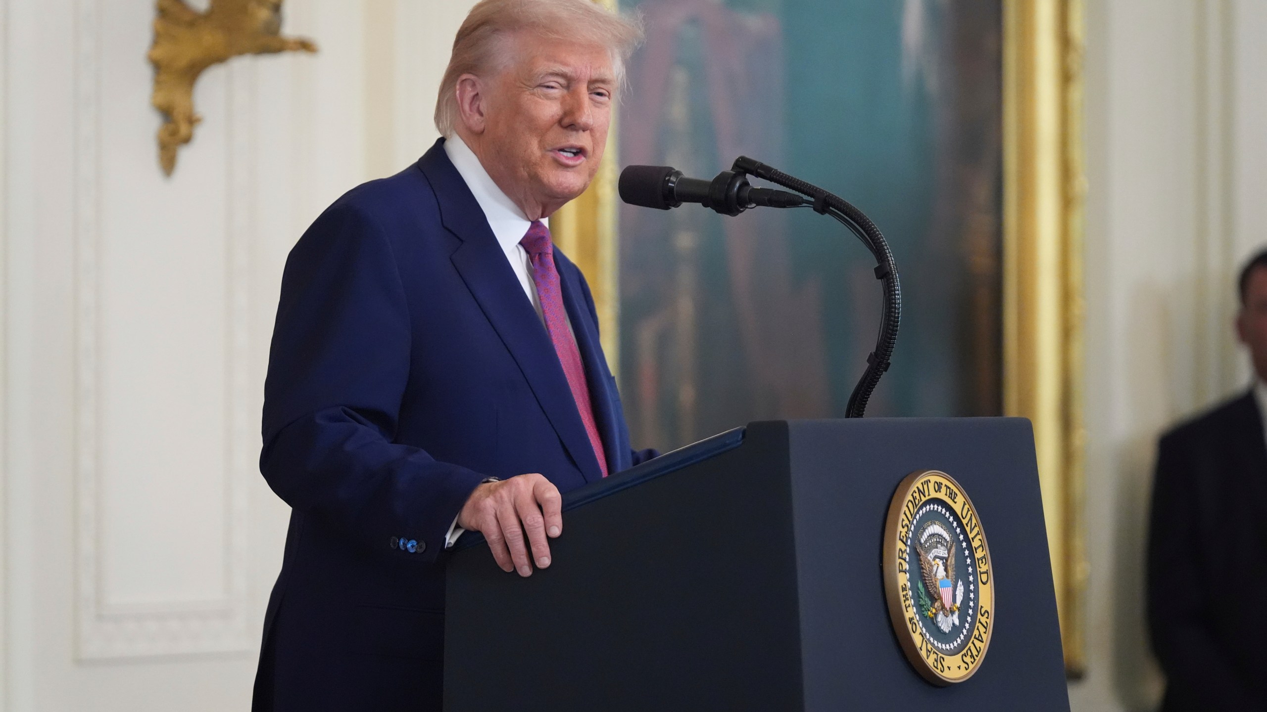 President Donald Trump speaks during an event to sign a bill blocking California's rule banning the sale of new gas-powered cars by 2035 in the East Room of the White House, Thursday, June 12, 2025, in Washington. (AP Photo/Evan Vucci)