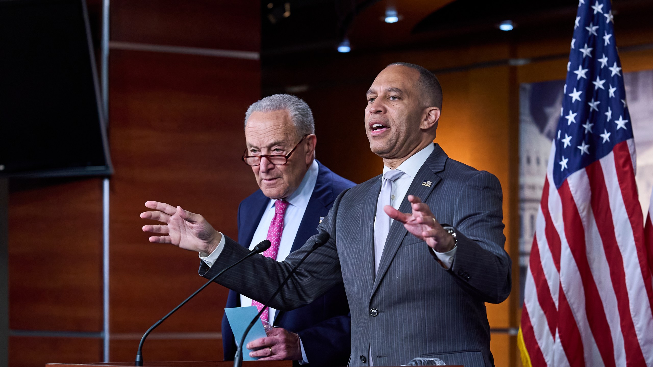 Senate Minority Leader Chuck Schumer, D-N.Y., left, and House Minority Leader Hakeem Jeffries, D-N.Y., hold a news conference on the GOP reconciliation bill, at the Capitol in Washington, Wednesday, June 11, 2025. (AP Photo/J. Scott Applewhite)