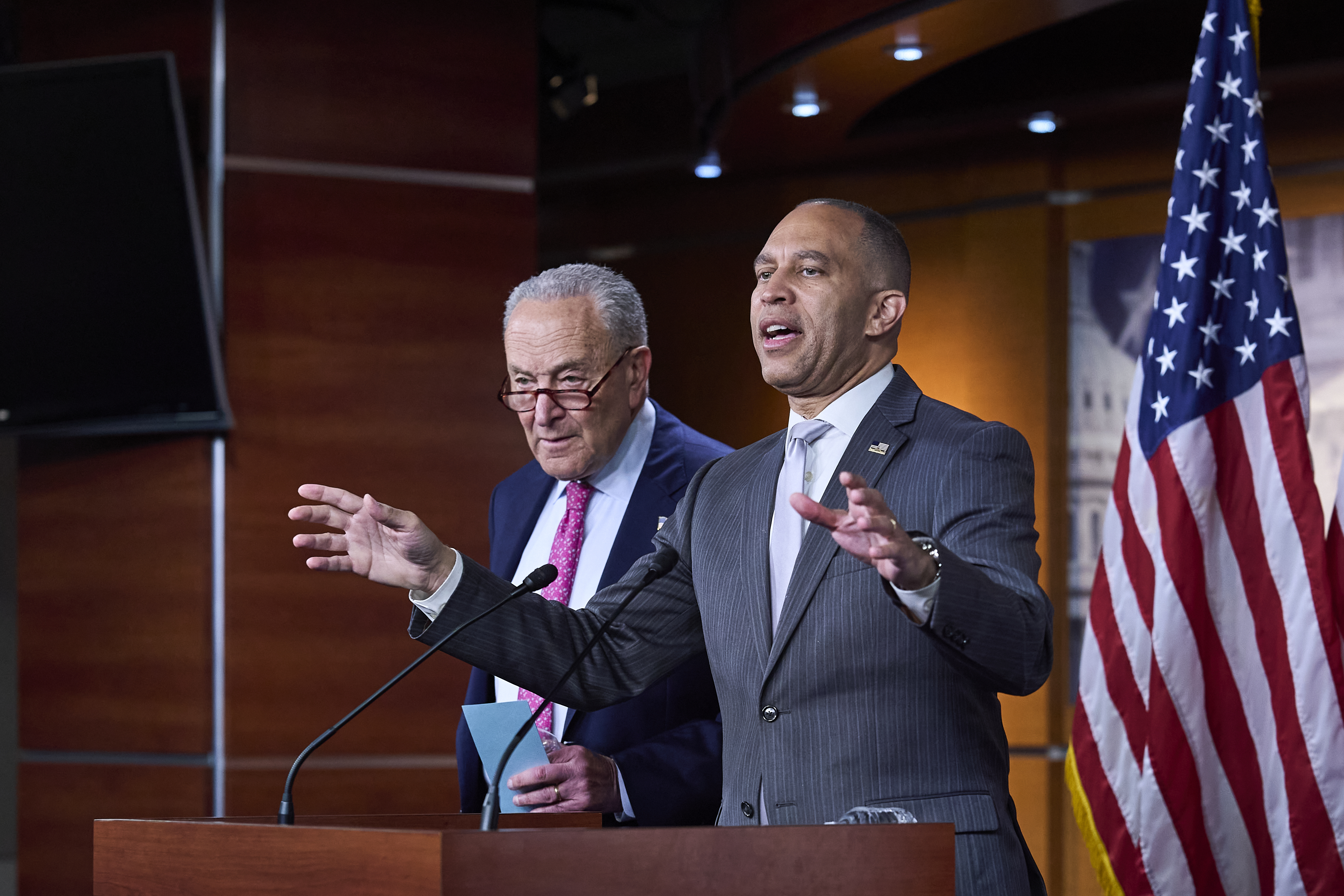 Senate Minority Leader Chuck Schumer, D-N.Y., left, and House Minority Leader Hakeem Jeffries, D-N.Y., hold a news conference on the GOP reconciliation bill, at the Capitol in Washington, Wednesday, June 11, 2025. (AP Photo/J. Scott Applewhite)