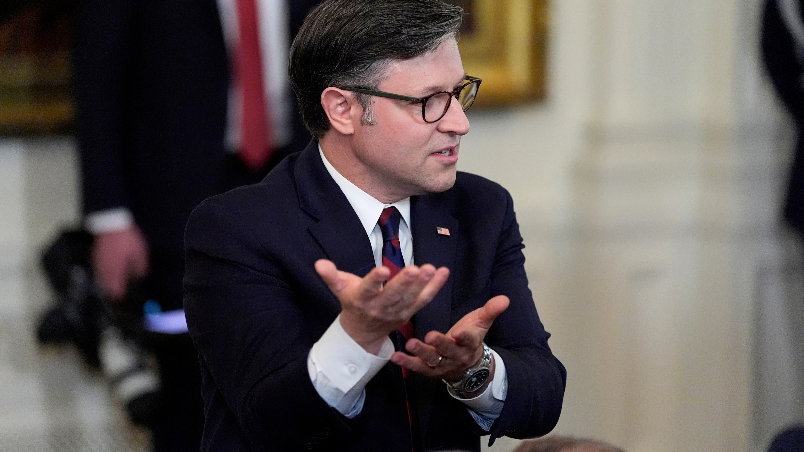 House Speaker Mike Johnson, R-La., attends a signing event for a bill blocking California's rule banning the sale of new gas-powered cars by 2035, in the East Room of the White House, Thursday, June 12, 2025, in Washington. (AP Photo/Alex Brandon)