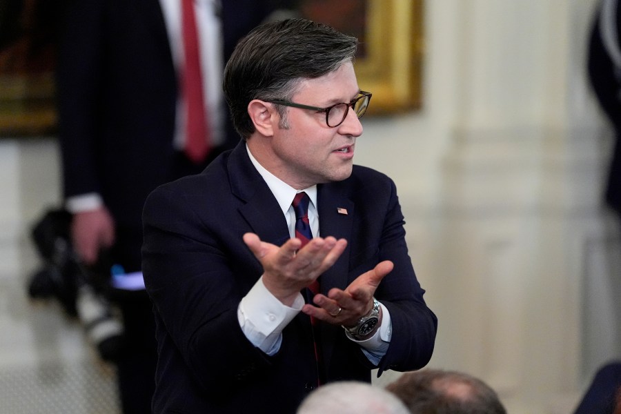 House Speaker Mike Johnson, R-La., attends a signing event for a bill blocking California's rule banning the sale of new gas-powered cars by 2035, in the East Room of the White House, Thursday, June 12, 2025, in Washington. (AP Photo/Alex Brandon)